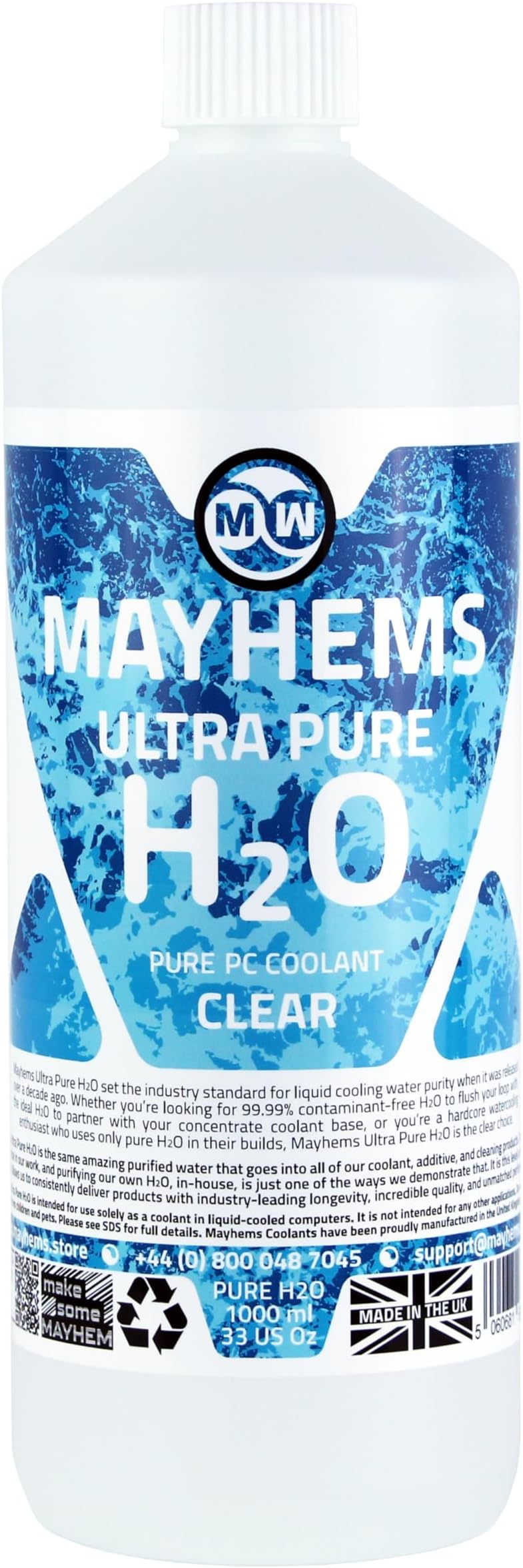 Ultra Pure H2O PC Coolant - Computer Water Cooling Fluid - Liquid Cooling, Distilled, High Purity, Low Electrical Conductivity, 1 Litre