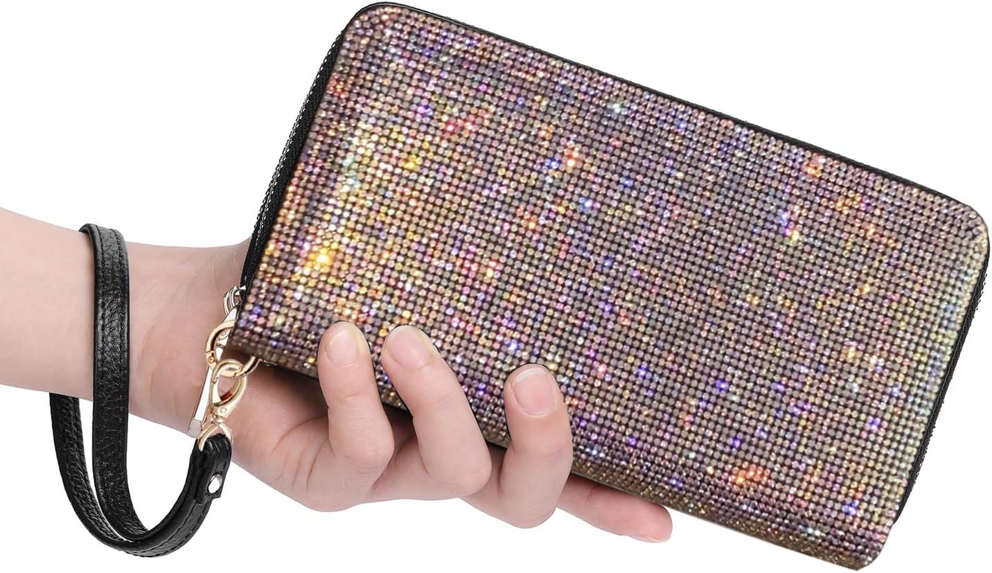 Women's Rhinestone Large Capacity Double Zipper Wristlet Clutch Purse Party Wallet Card Phone Holder