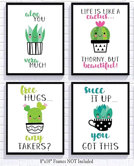 Amazon Com Adorable Cactus Succulent Uplifting Wall Art Decor Sayings Set Of Four Prints Kawaii Cutesy Cheery Posters Prints