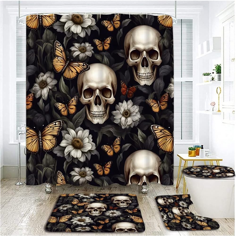 4 Piece Skull Flower Shower Curtain Set with Rugs, Toilet Lid Cover , Sugar Skull White Floral Leaves Butterfly Gothic Black Halloween Scary Skeleton Plant Vintage Bathroom Shower Curtain with Hooks