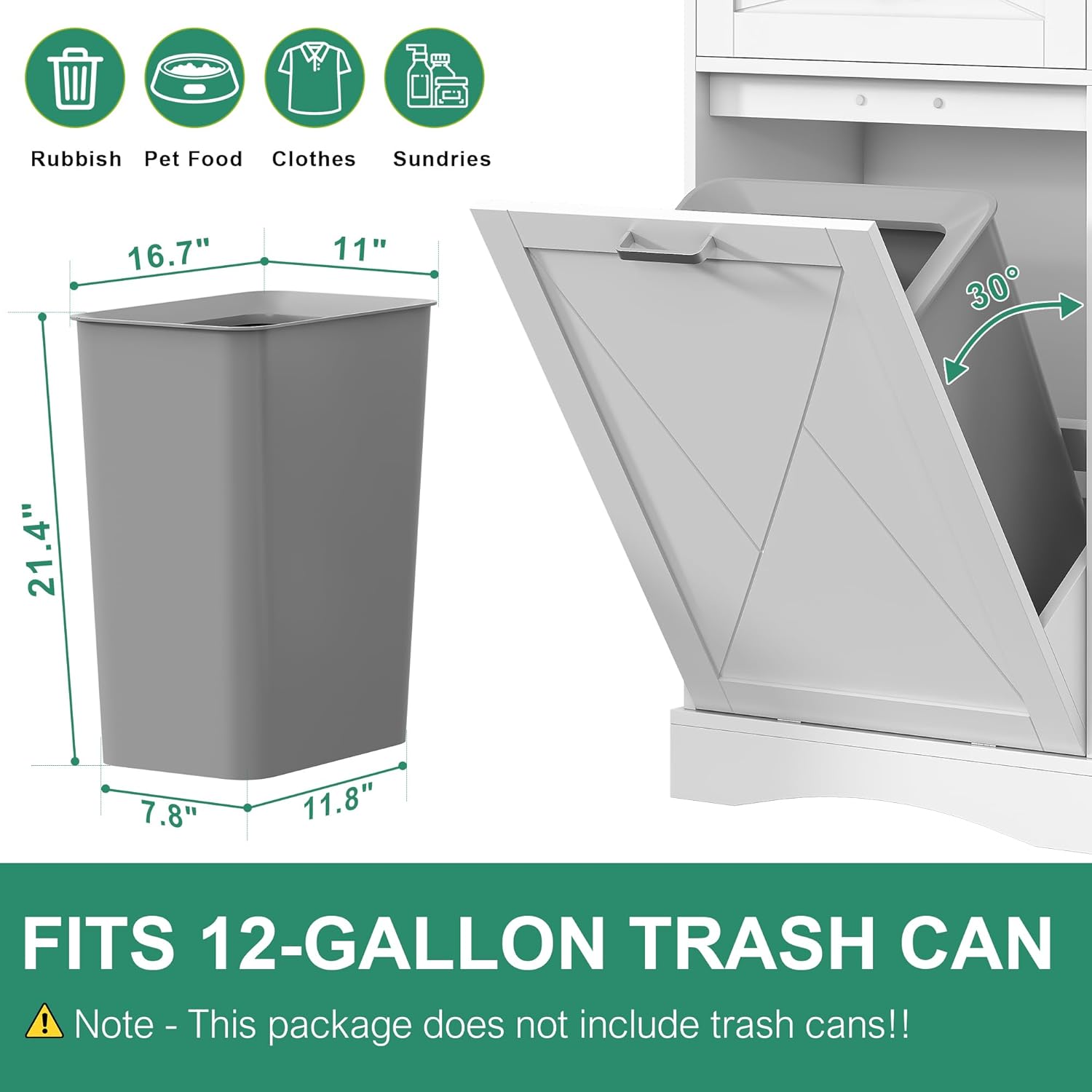 Tilt Out Trash Can Cabinet for 12 Gallon Trash Can, Modern Kitchen Island Cabinet with Adjustable Shelf and 2 Drawers for Hidden Laundry Basket, Dog Proof Garbage Can, White