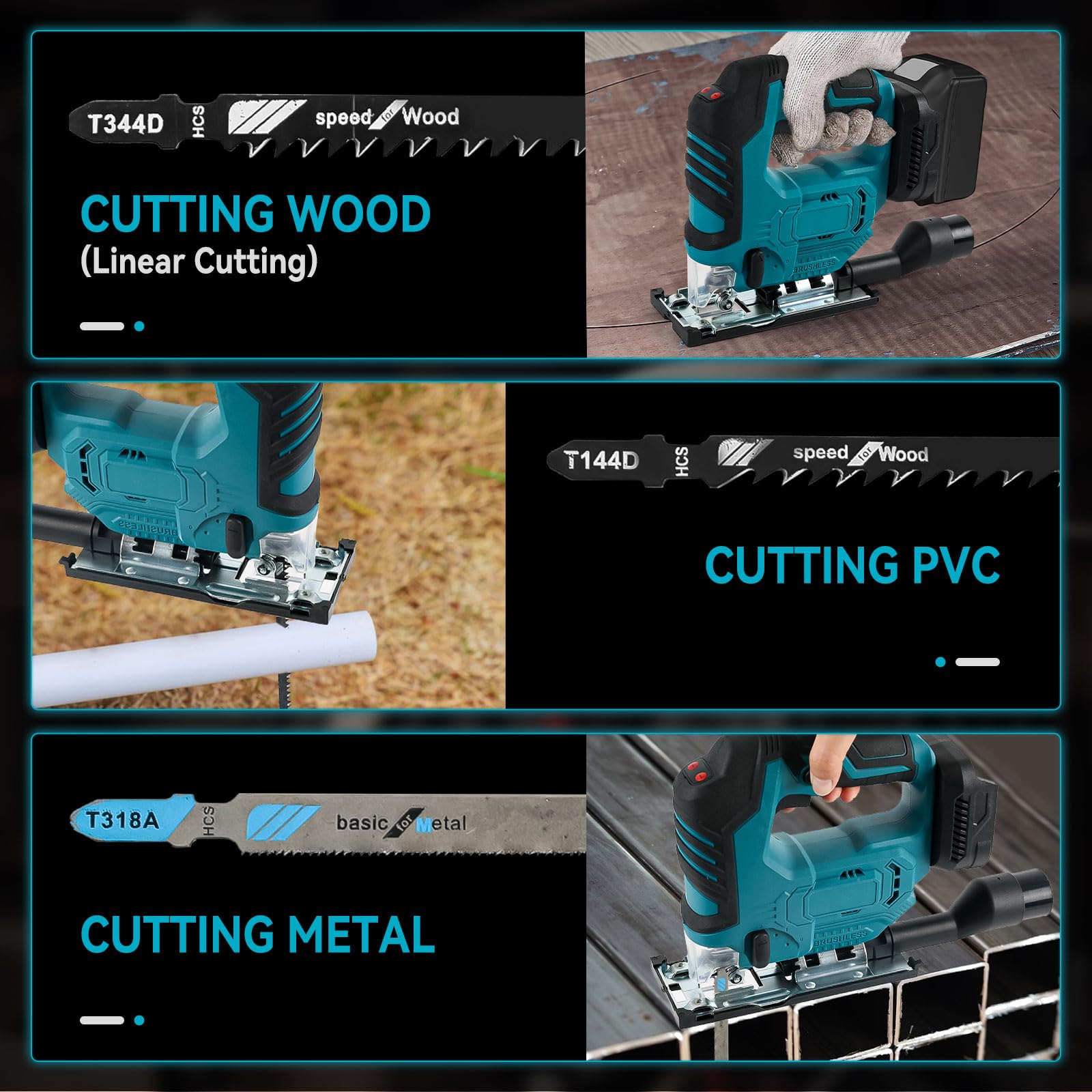 Scie sauteuse électrique sans fil pour Makita 18 V, 500 W sans balais avec lumière LED, angle de coupe biseauté ± 45°, 9 lames à tige en T, course de 19 mm pour bois, plastique, métal