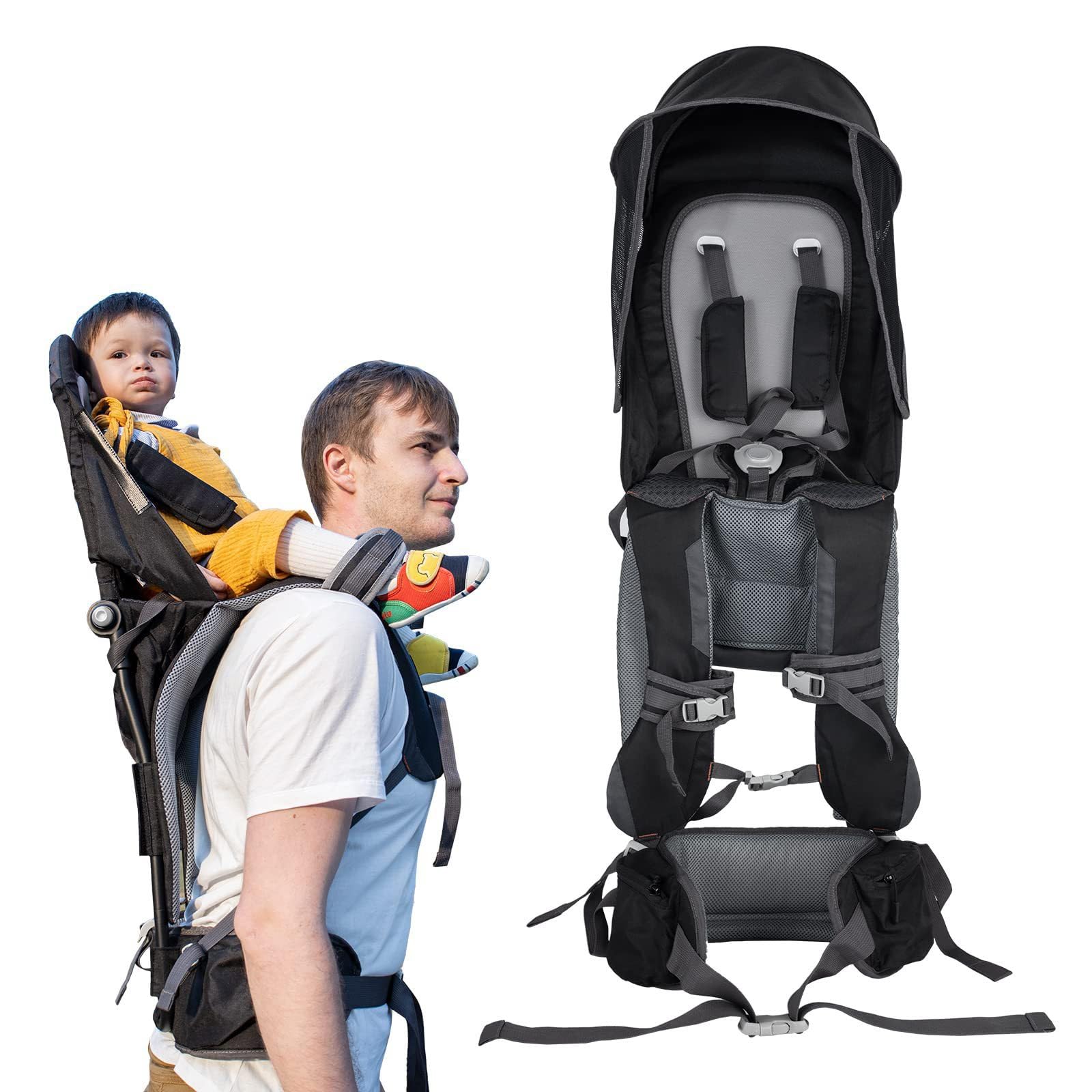 Babytrage-Rucksack | Ergonomische Sitzunterstützung für 6 Monate bis 3 Jahre (18 kg) | mit Verdeck und faltbarem Rahmen – perfekt zum Wandern/für Flugreisen, schwarz