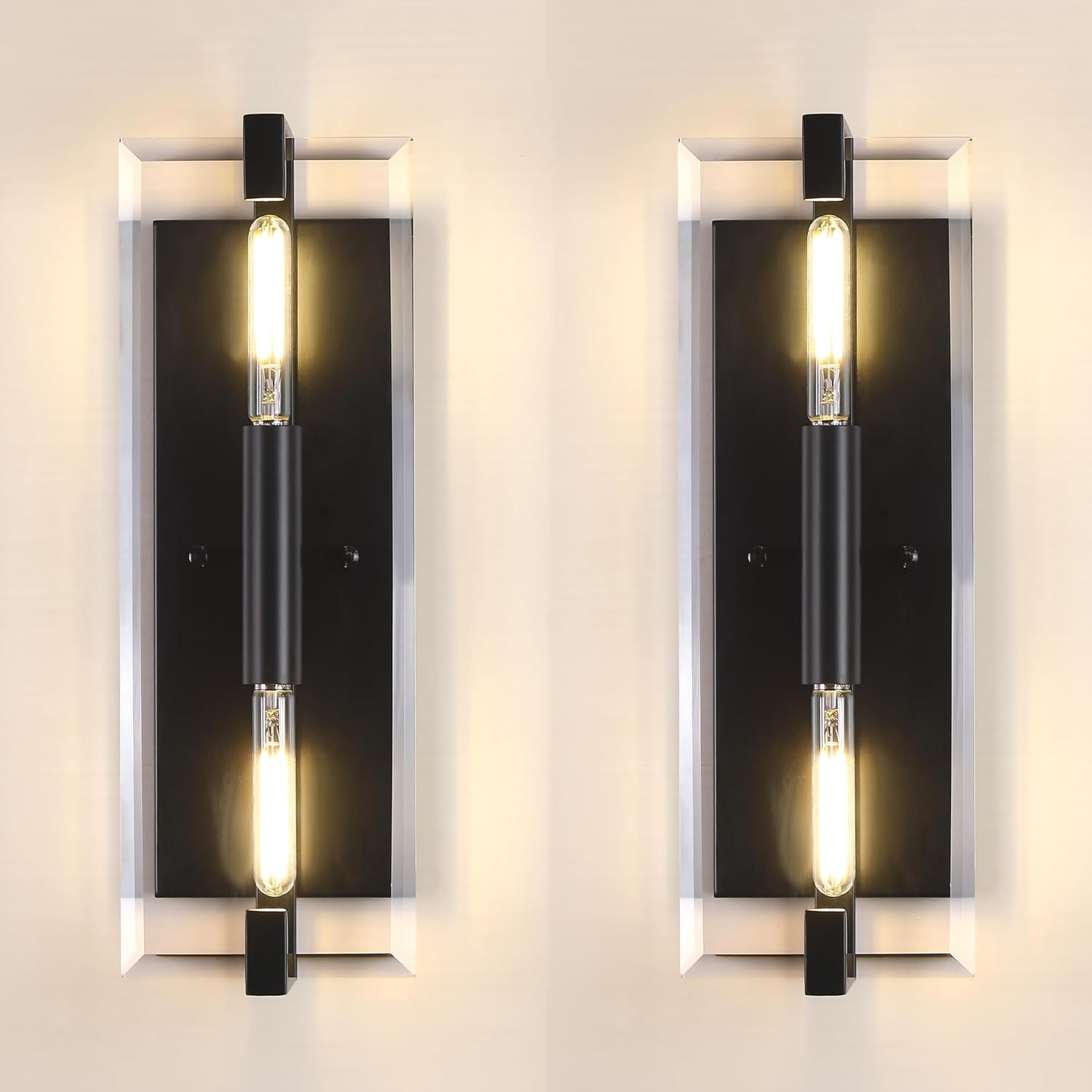 2 Pack 2 Light Crystal Bathroom Wall Sconce Modern Concise Style Wall Light Fixture,Square Crystal Black Finish for Bedroom Hallway Bedside 2 Light 2 Pack Square Crystal Black