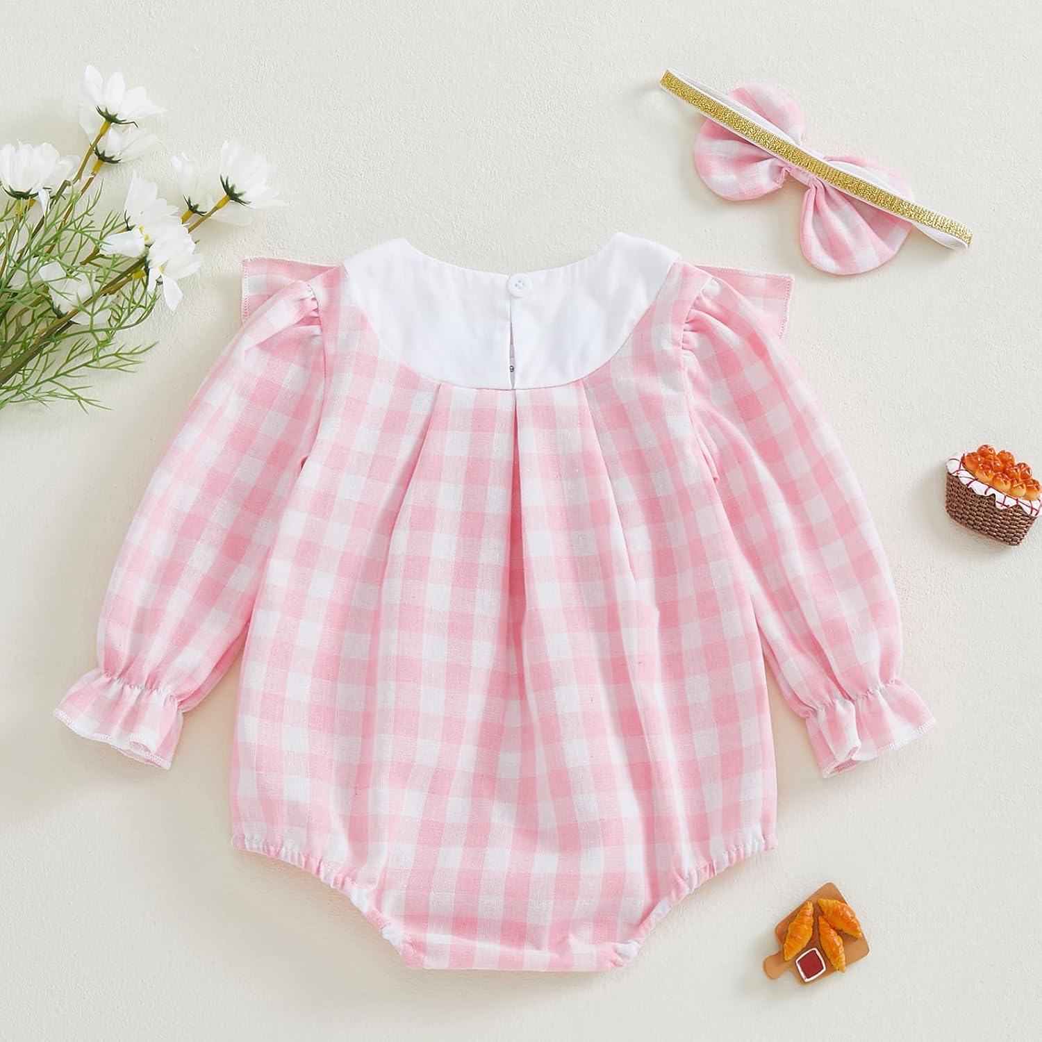 FYBITBO Newborn Baby Girl Outfits Smocked Long Sleeve Bubble Romper Plaid Bodysuit Jumpsuit Headband Infant Clothes Set (Strawberry Pink, 9-12 Months) - Image 6
