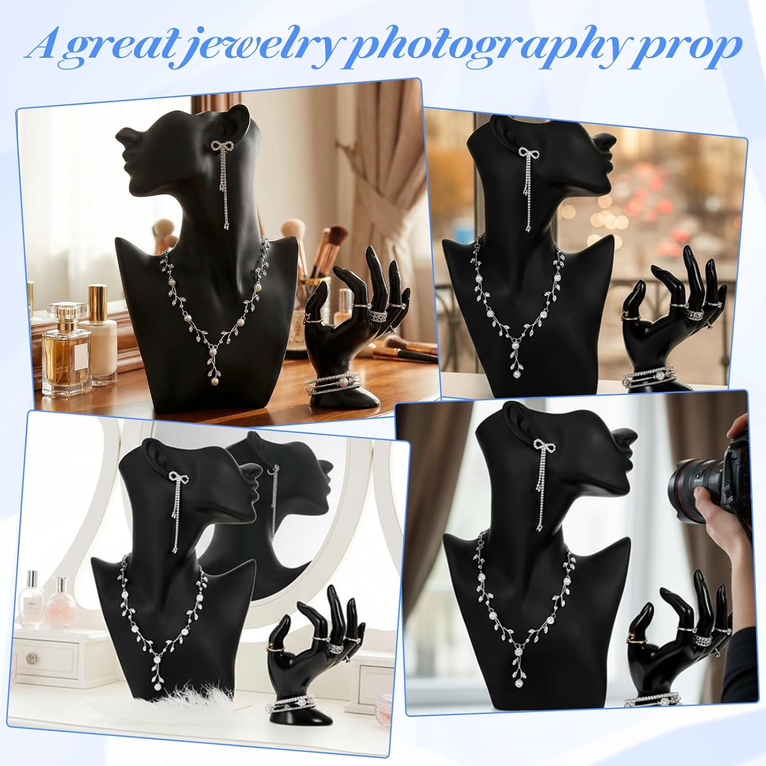 2-Piece Resin Jewelry Mannequin Display Set with Boutique Bust Holder and Hand Ring Stand for Necklace Earring Bracelet Pendant Showcase (Black)
