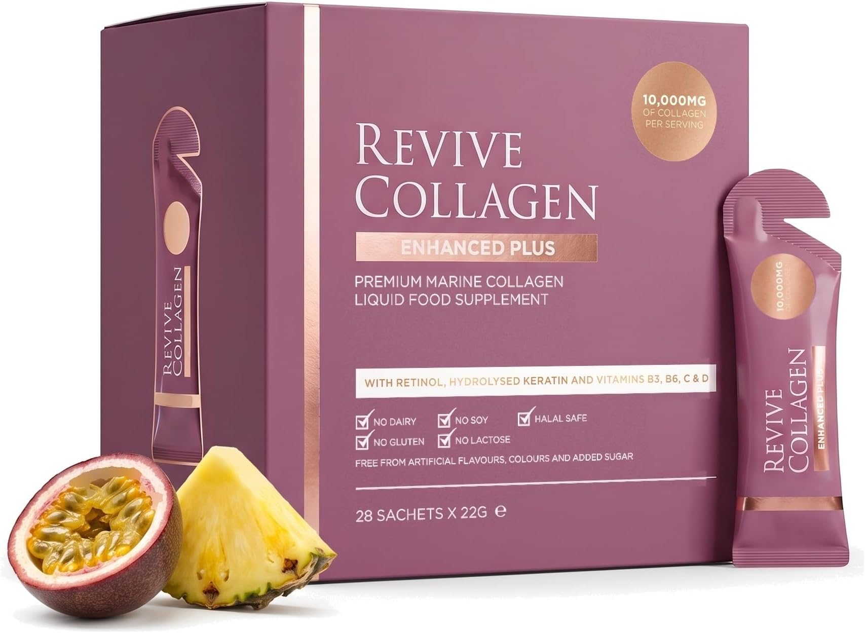 Enhanced Plus 10,000mg Hydrolysed Marine Collagen Drink with Added Vitamin A & C for Healthy Skin, Hair, Nails & Joints | Tropical | 28 x Sachets
