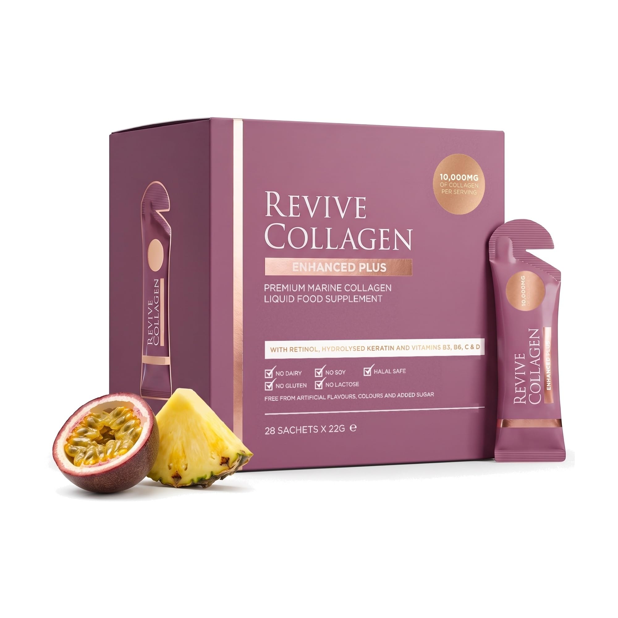Revive Collagen Enhanced Plus 10,000mg Hydrolysed Marine Collagen Drink with Added Vitamin A & C for Healthy Skin, Hair, Nails & Joints | Tropical | 28 x Sachets