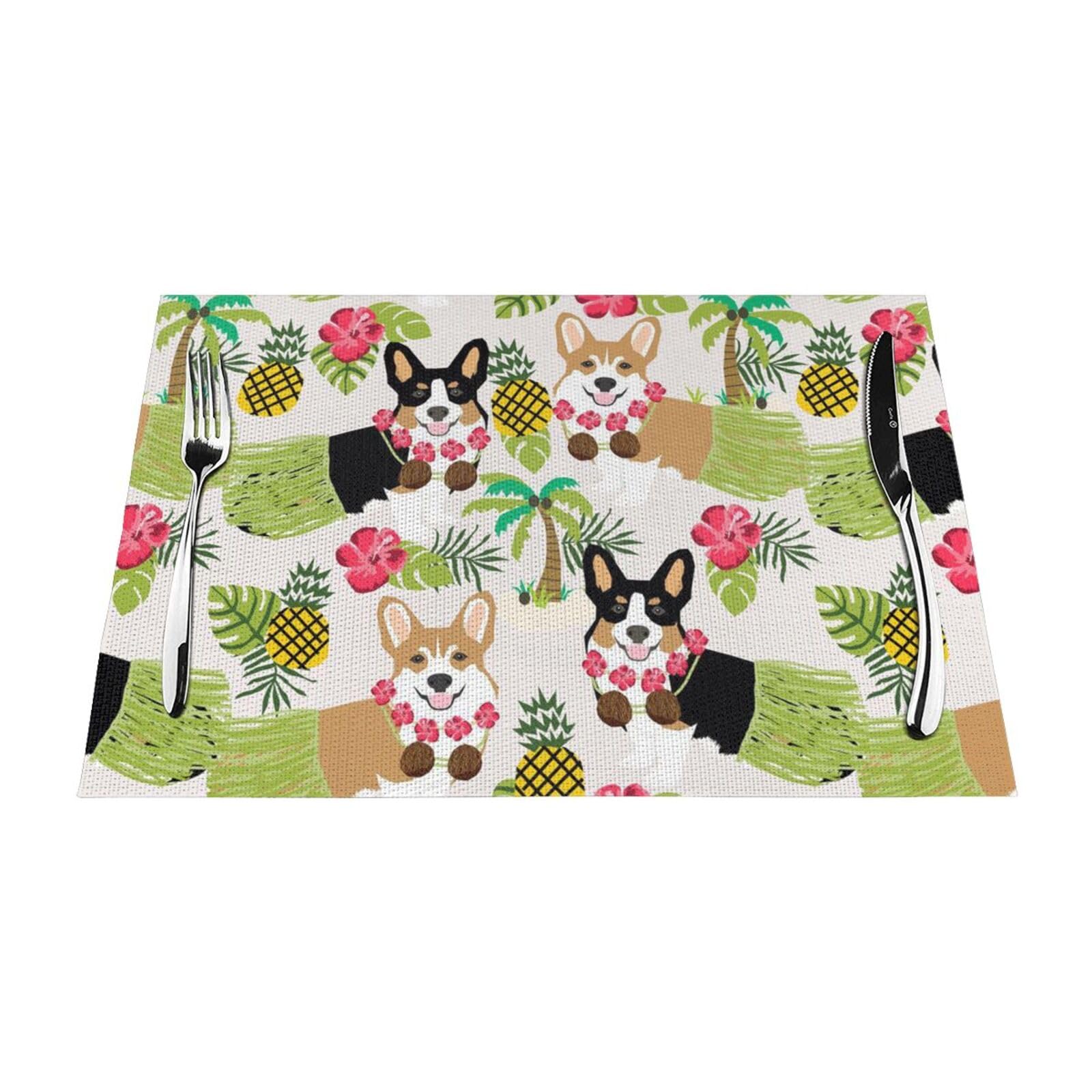 PVC Placemat Set of 1 PCS, 45x30 CM, Corgi Hawaiian Tropical Summer Pineapple Printed Non-Slip Heat Resistant Place Mats for Kitchen Dining Table Indoor Outdoor