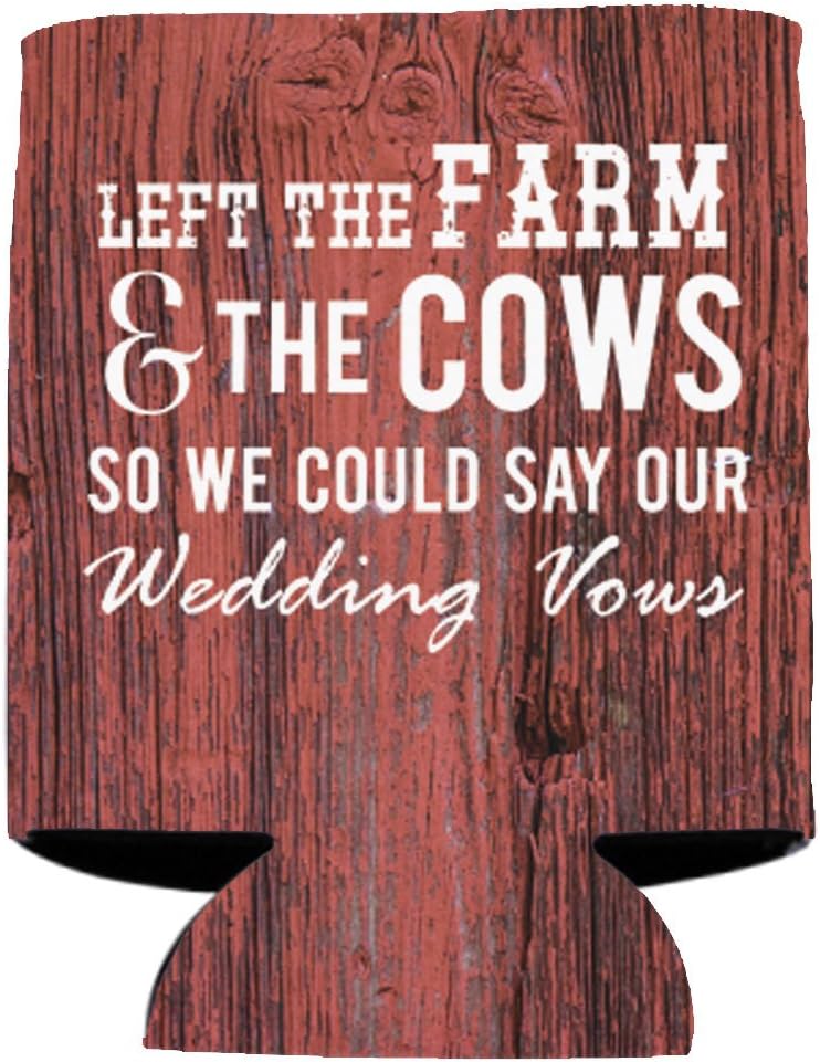 VictoryStore Custom Wedding Can Coolers – “Left the Farm and Cows” Design – Set of 25 Personalized Barn-Themed Drink Sleeves – Fits 12 oz Cans & Bottles – Rustic Wedding Favors – Made in USA