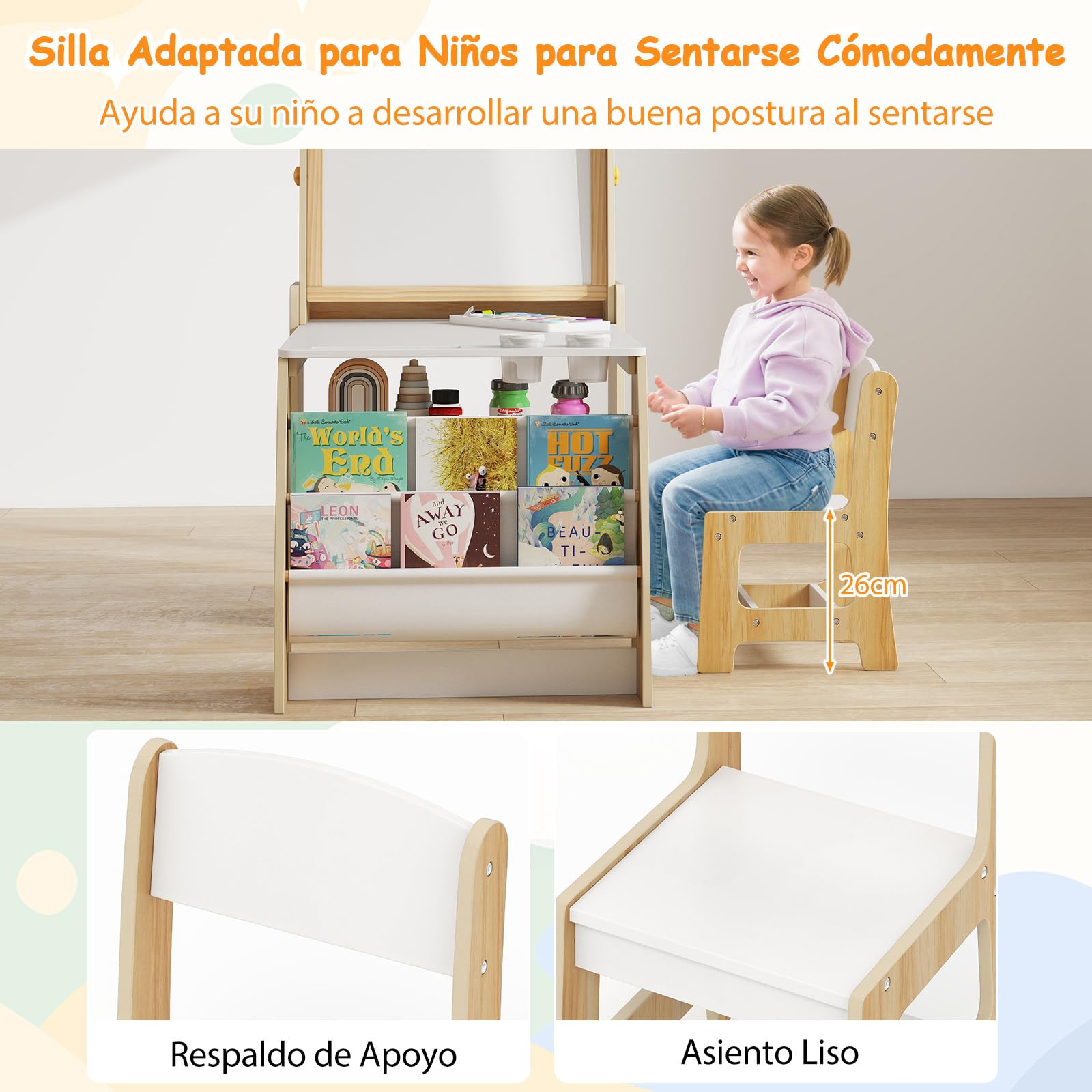 COSTWAY Juego de Mesa y Silla de Arte para Niños, Escritorio con Caballete y Silla, Pizarra Blanca y Pizarra de Tiza, Rollo de Papel, 2 Estantes Abiertos y Estante de 2 Niveles (Natural)