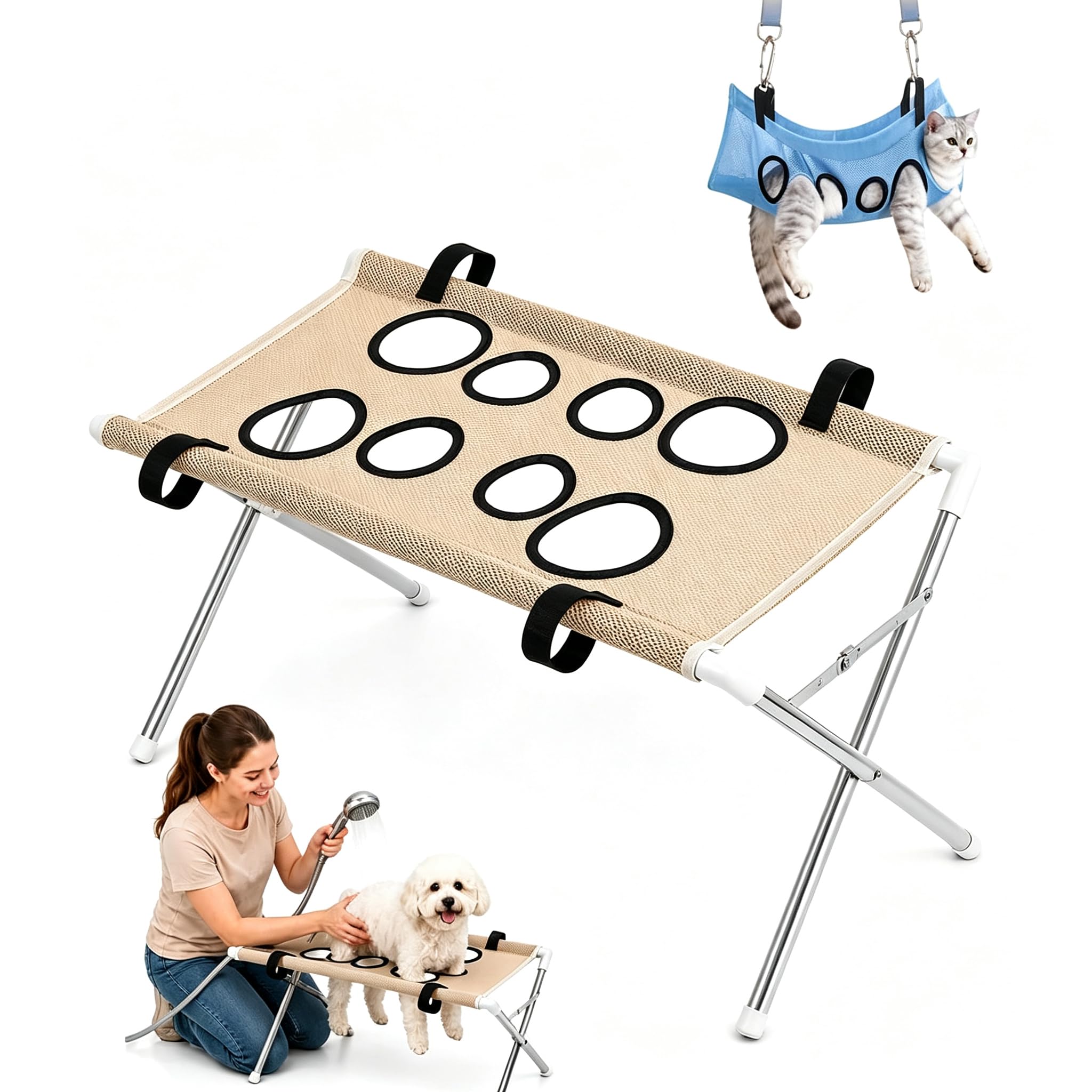Dog Grooming Hammock Pet Grooming Hammock Stand with Stable Stainless Steel Frame & Quick-Dry Mesh Foldable for Trimming, Bathing, Brushing, Small Pets (Khaki)