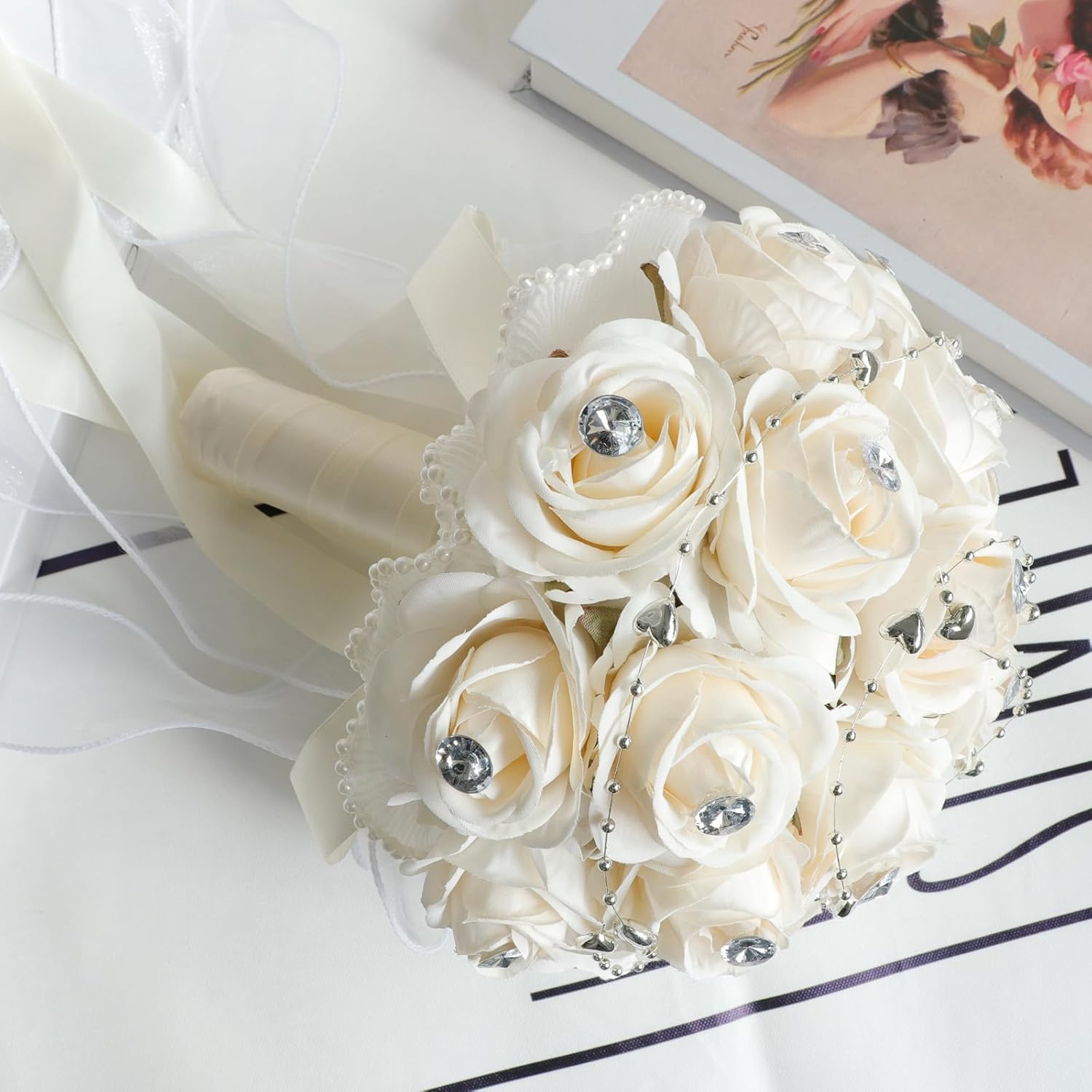 Faylapa Wedding Bouquets for Bride Bridesmaid Hand Bouquet Diamond Artificial Flowers for Wedding Marriage Proposal Party Valentine's Day Church Home Decoration (Champagne)