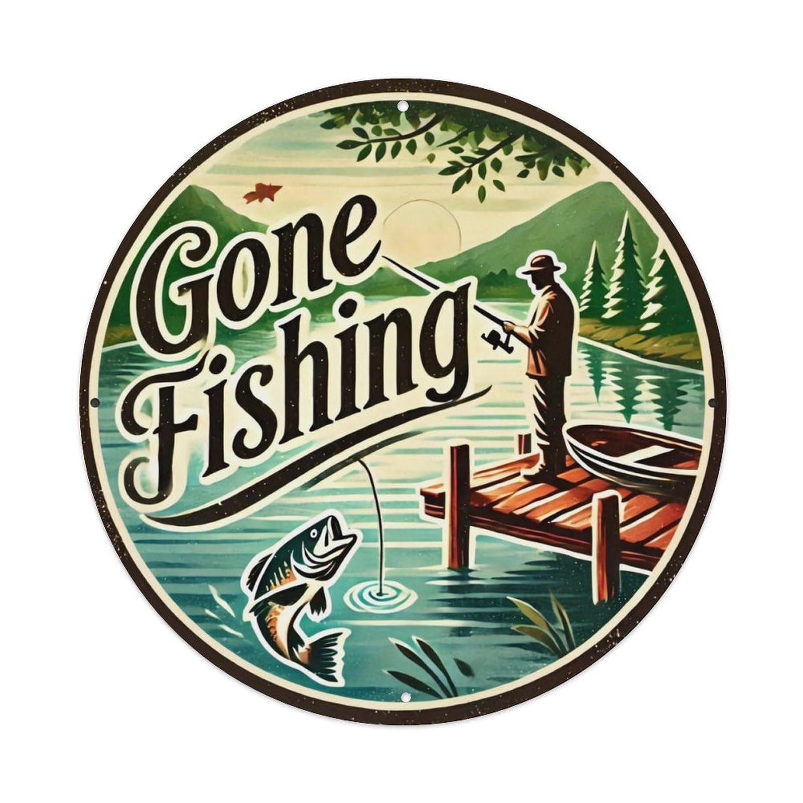 Gone Fishing Vintage Lake Scene Tin Sign Metal Poster Vintage Metal Signs for Home Man Cave Bar Cafe Kitchen laundry room Wall Decorations 8x8 inches
