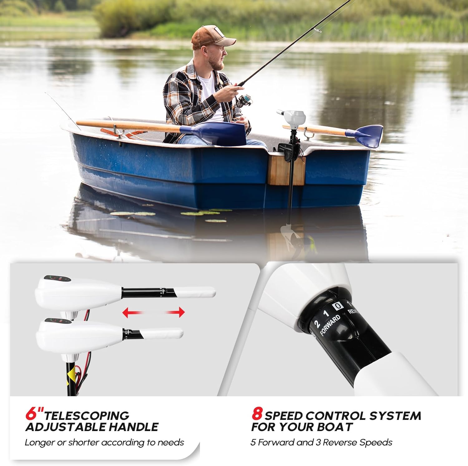 PEXMOR 8 Speed Electric Trolling Motor, Electric Outboard Boat Motor w/Adjustable Handle & LED Indicator, Transom Mounted for Saltwater, Kayak, Fishing Boat