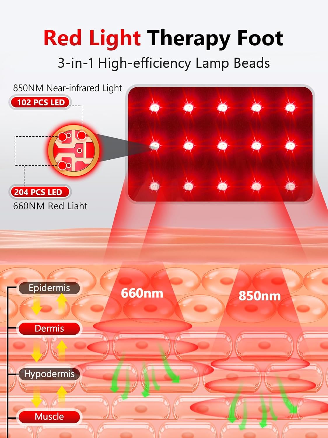 Diagram illustrating the penetration depth of 660nm red light and 850nm near-infrared light into skin layers.