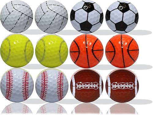 Pelotas de golf con temática deportiva mixta, juego de 12, pelotas de golf novedosas con diseños de béisbol, baloncesto, fútbol y más, regalo