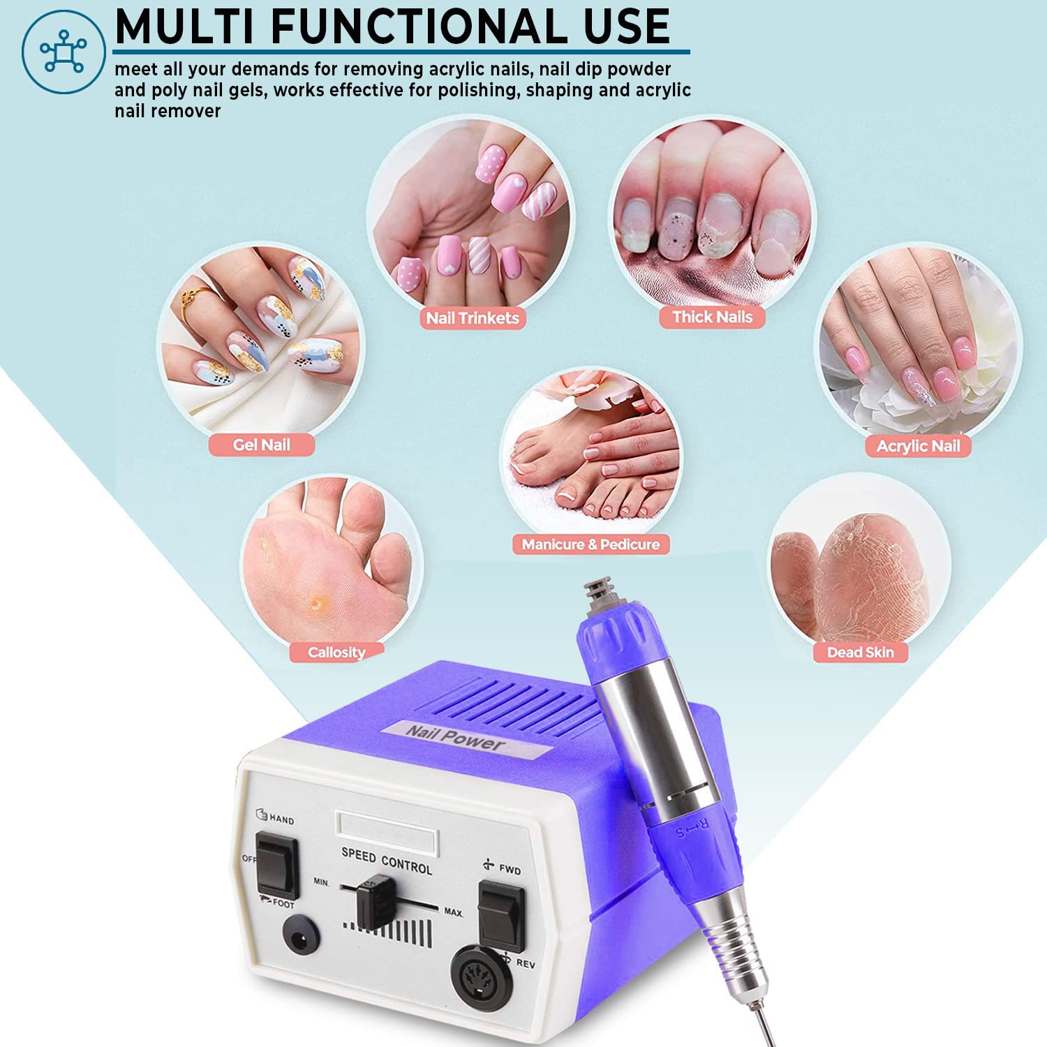 Véfaîî® JD700 Nagelfräser Elektrische 30000 U/min Professionelle Nagelfeile Maniküre Pediküre Set Gelnägel Nagelpflege Fräser Set für Nagelstudio Zuhause mit Fußpedal und 6 Bits, 35W
