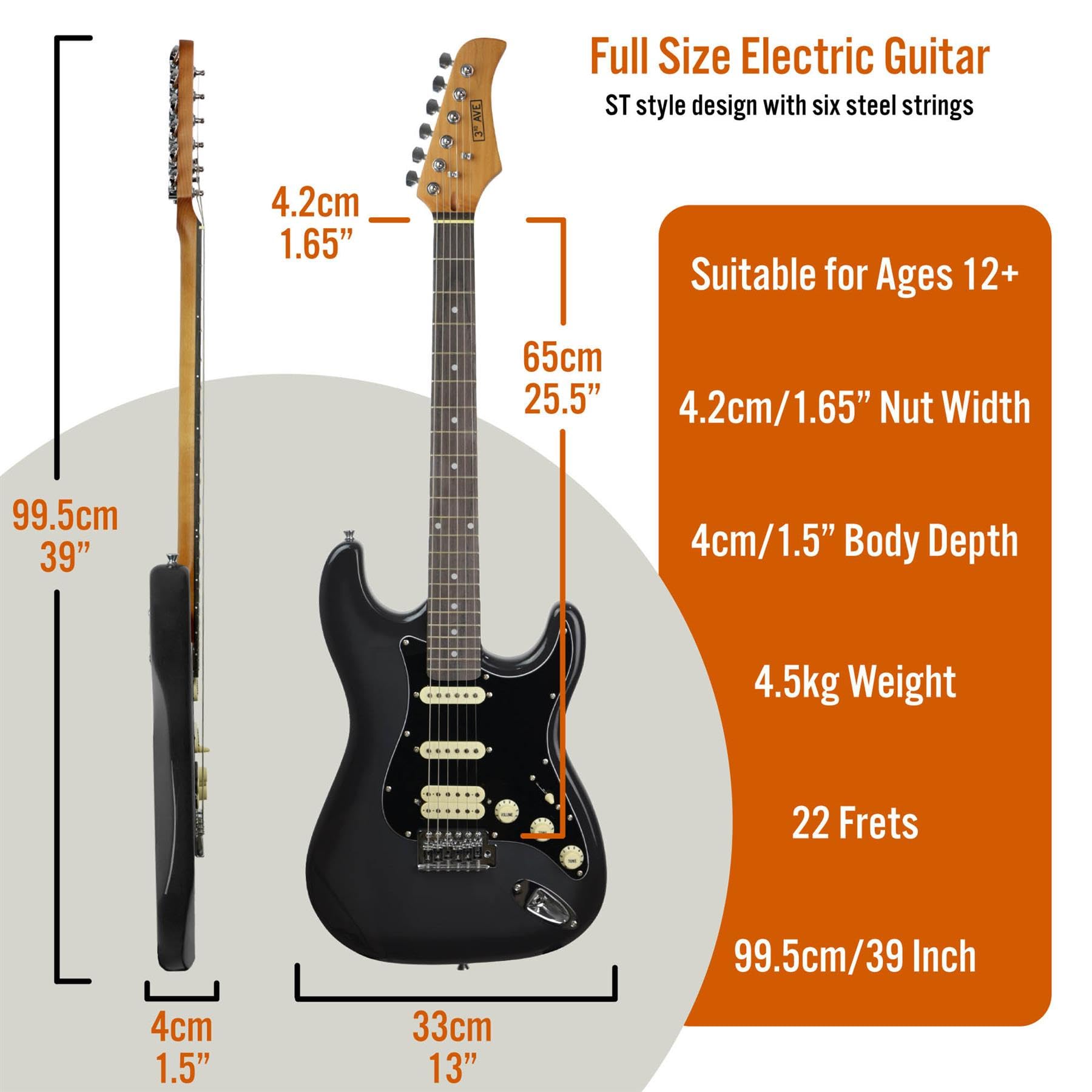 3rd Avenue Stateside Volle Größe 4-4 E-Gitarre Ultimate Kit Mit 5-W-Verstärker, Kabel, Ständer, Gepolsterter Gigbag, Gurt, Plektren – Rushmore Grey