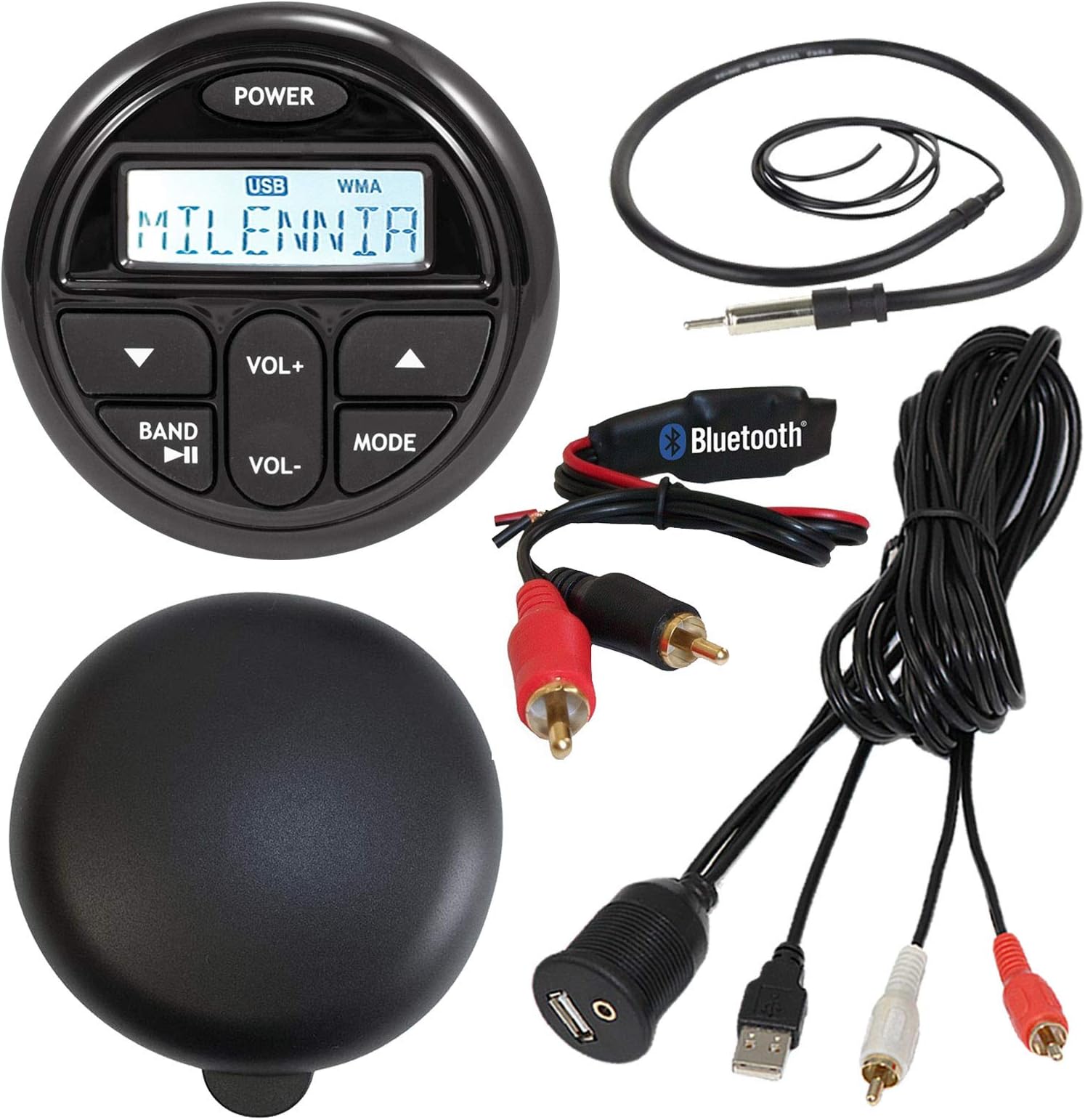 Millenia PRV17 Marine Gauge Style AM/FM Radio Stereo Receiver With Protective Cover Bundle Combo With Waterproof Bluetooth Adapter + Enrock USB/AUX To RCA Interface Mount Cable + 22" Radio Antenna