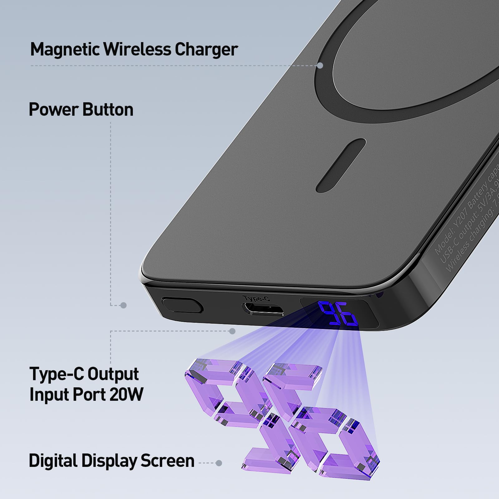 MOAIIO for Magsafe Battery Pack, 5000mAh Magnetic Power Bank with Type-C Cable 20W PD Fast Charging Lighting Input Wireless Portable Charger for iPhone16 15/14/13/12/Pro/Pro Max-Black