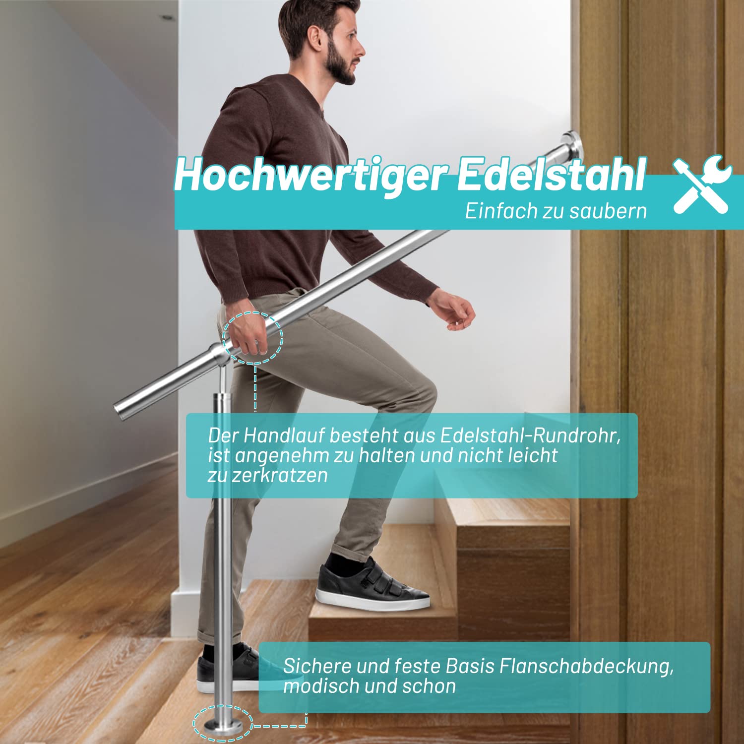 Randaco Eingangsgeländer Edelstahl Handlauf Treppengeländer Geländer Seitliche Montage Winkel Einstellbar Wandhandlauf, inkl.Montagematerial, Pflegeleicht Innen Außen Handlauf, 120cm