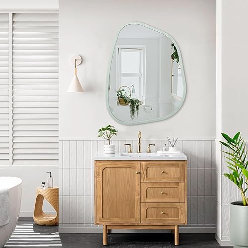 Miniatura 220 de Espejo de pared irregular de 26 x 18 pulgadas, espejo de baño grande asimétrico con marco de madera, espejos decorativos artísticos modernos