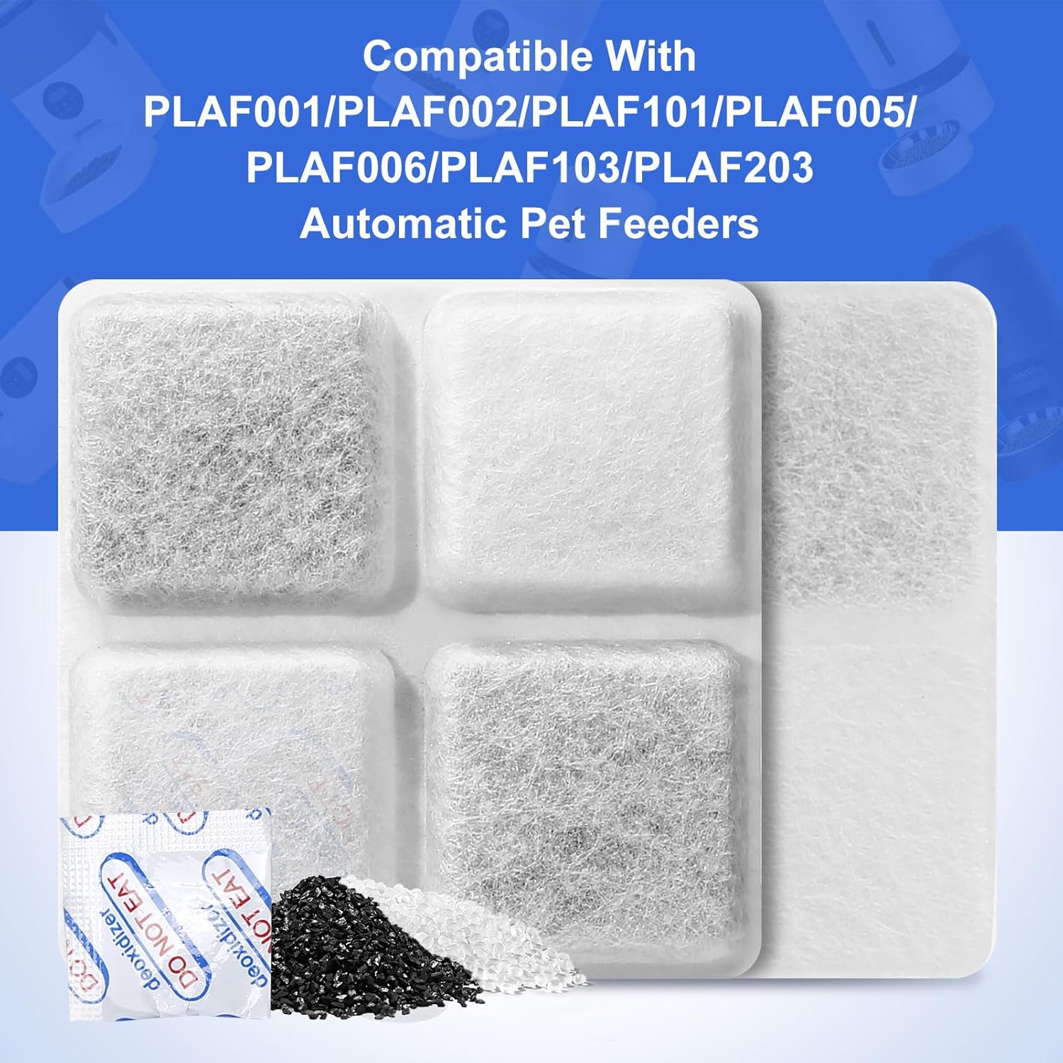 Desiccant bag with text indicating compatibility with various PLAF pet feeder models.