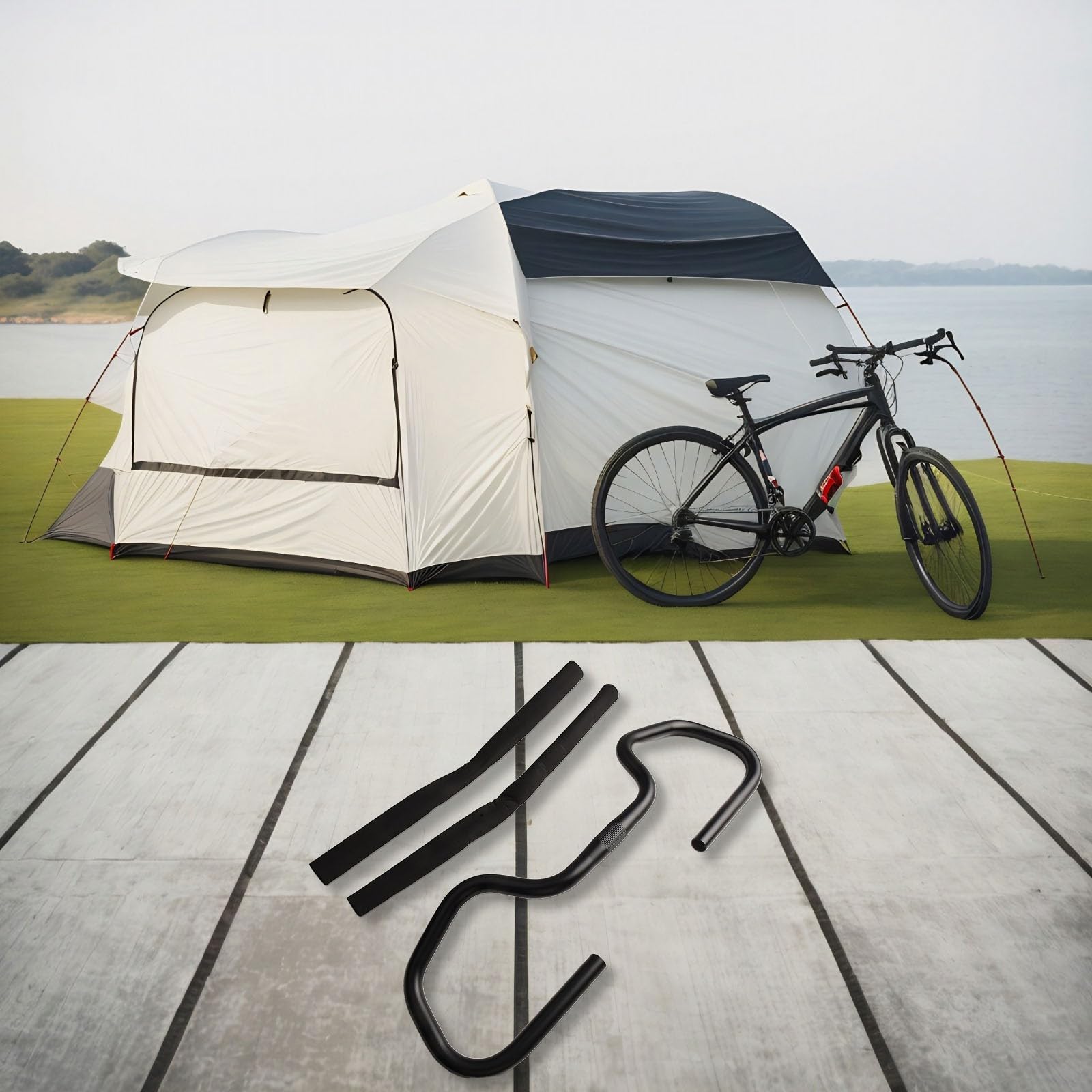 Guidon papillon 25,4 mm de large 580 mm de large en alliage d'aluminium 6061 pour VTT, trekking, vélo de route, tourisme avec 2 poignées en éponge Noir (guidon + 2 poignées)