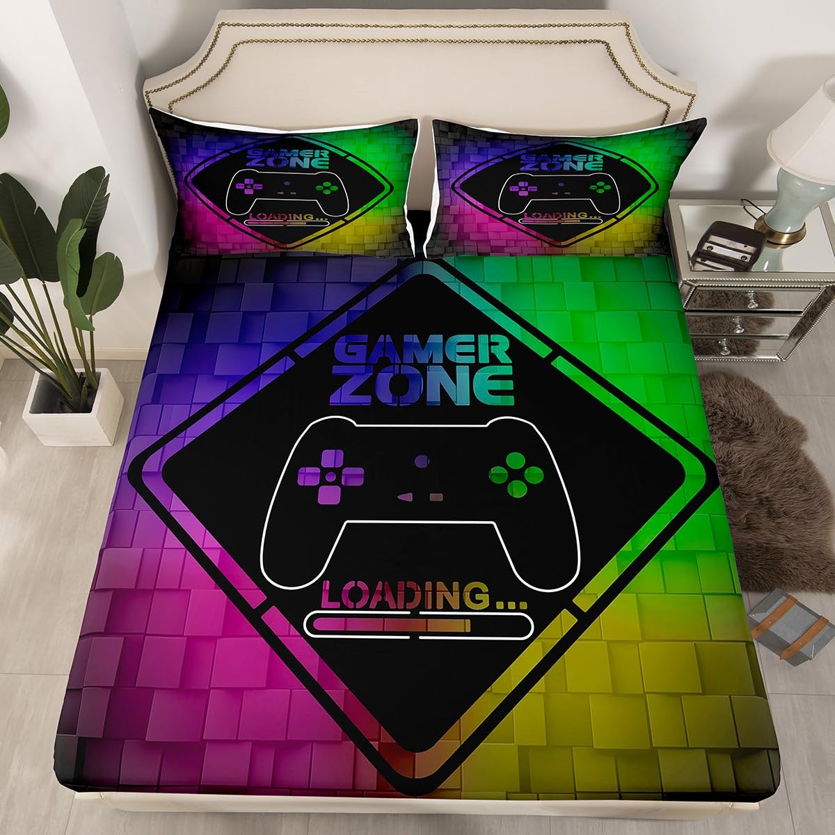 jejeloiu Gamer Fitted Sheet Full Size Kids Game Controller for Boys Teens Gaming Gifts Bed Sheets Set Geometric Gamepad Purple Bedding Set Room Decor
