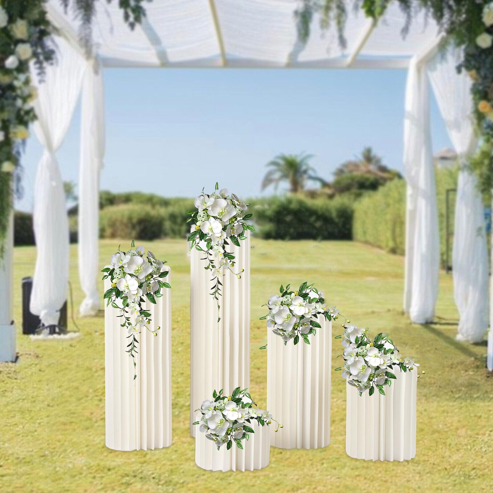 Pappe Hochzeit Blumenständer, 5 Größen Weiß Hochzeit Vasen Set Tragfähigkeit 50kg Jede und faltbar für Einweihungen Jahrestage Geburtstage Hochzeiten