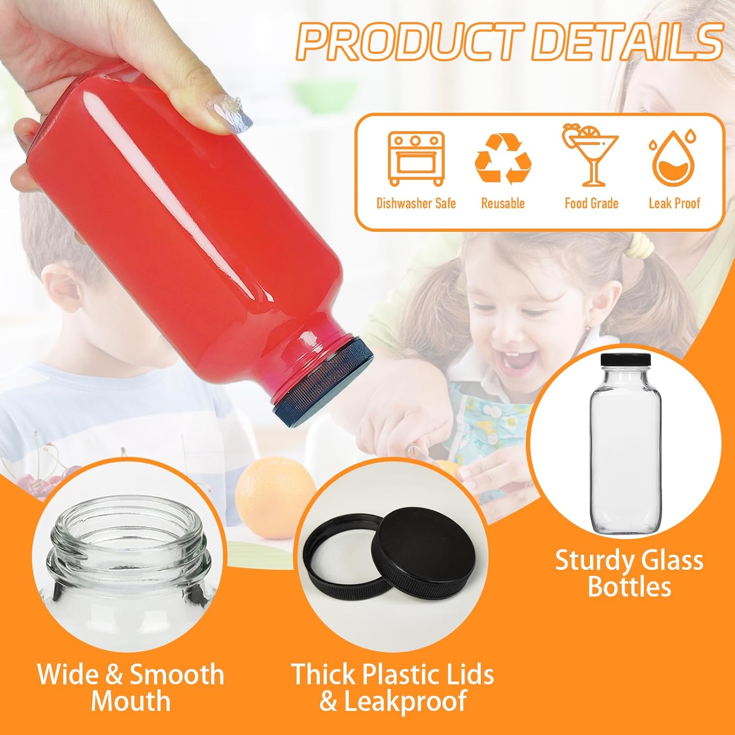 3 Pack 12oz Glass Drink Bottles with Lids, 360ml Vintage Glass Water Bottles with Caps, Reusable Juice Containers Drinking Jars for Juicing, Milk, Ginger, Kombucha, Beverage - Image 3