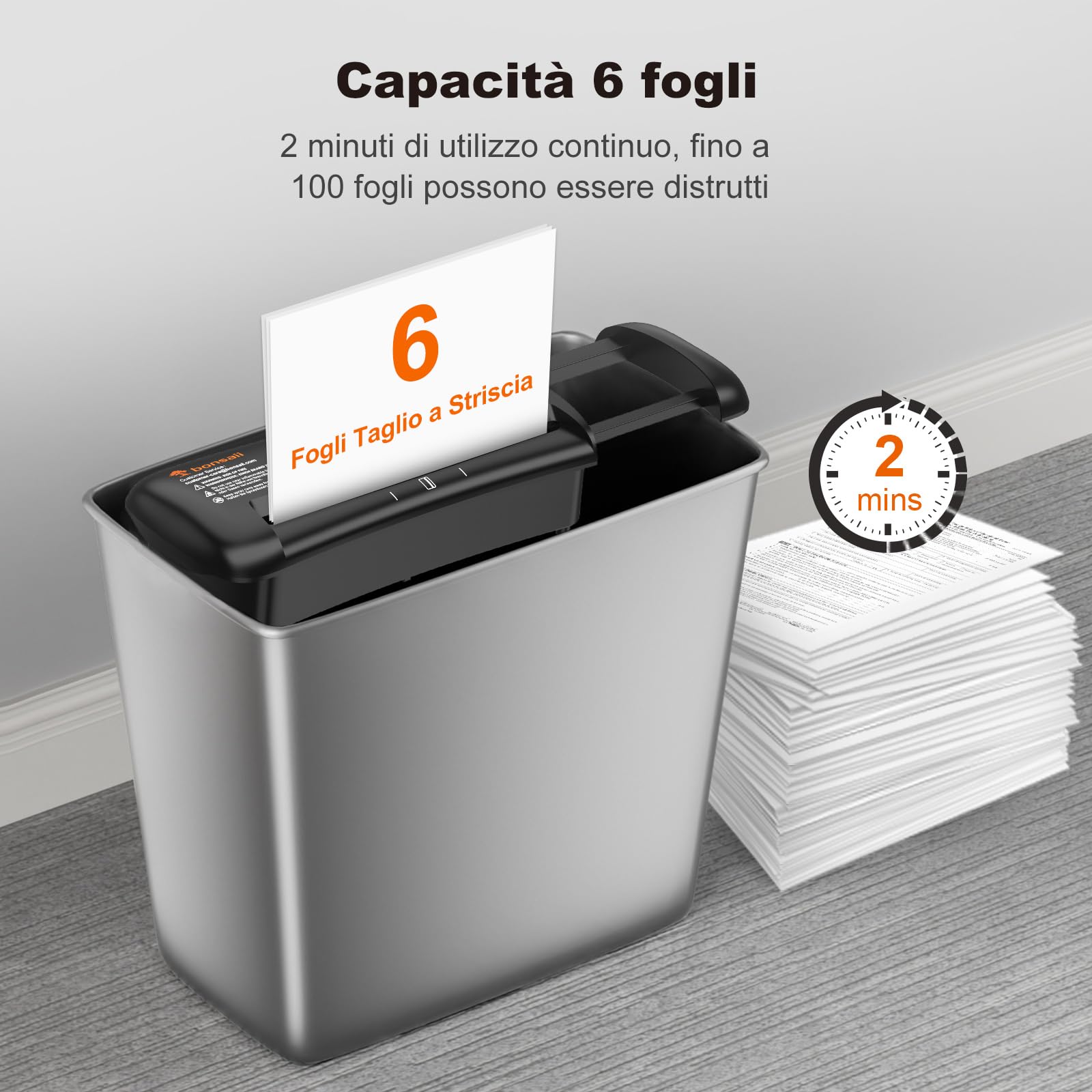Bonsaii Distruggi Documenti, Taglio a Strisce 6mm, Fino a 6 Fogli, Compatibile con Cestini 28-42 cm, Distrugge Carta & Carte di Credito, Protezione da Surriscaldamento, 3 Modalità, S119-A