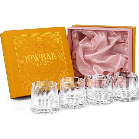 GLASSIQUE CADEAU 9 Oz Vintage Art Deco Speakeasy Low Ball Drinking Glasses 4 Set