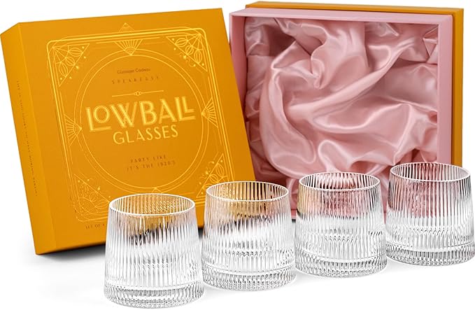 GLASSIQUE CADEAU Vintage Art Deco Speakeasy Lowball Glasses | Set of 4 | 9 oz Crystal Tumblers for Drinking Classic Gin, Rum, Vodka Bar Drinks | Round Short Rocks Glassware