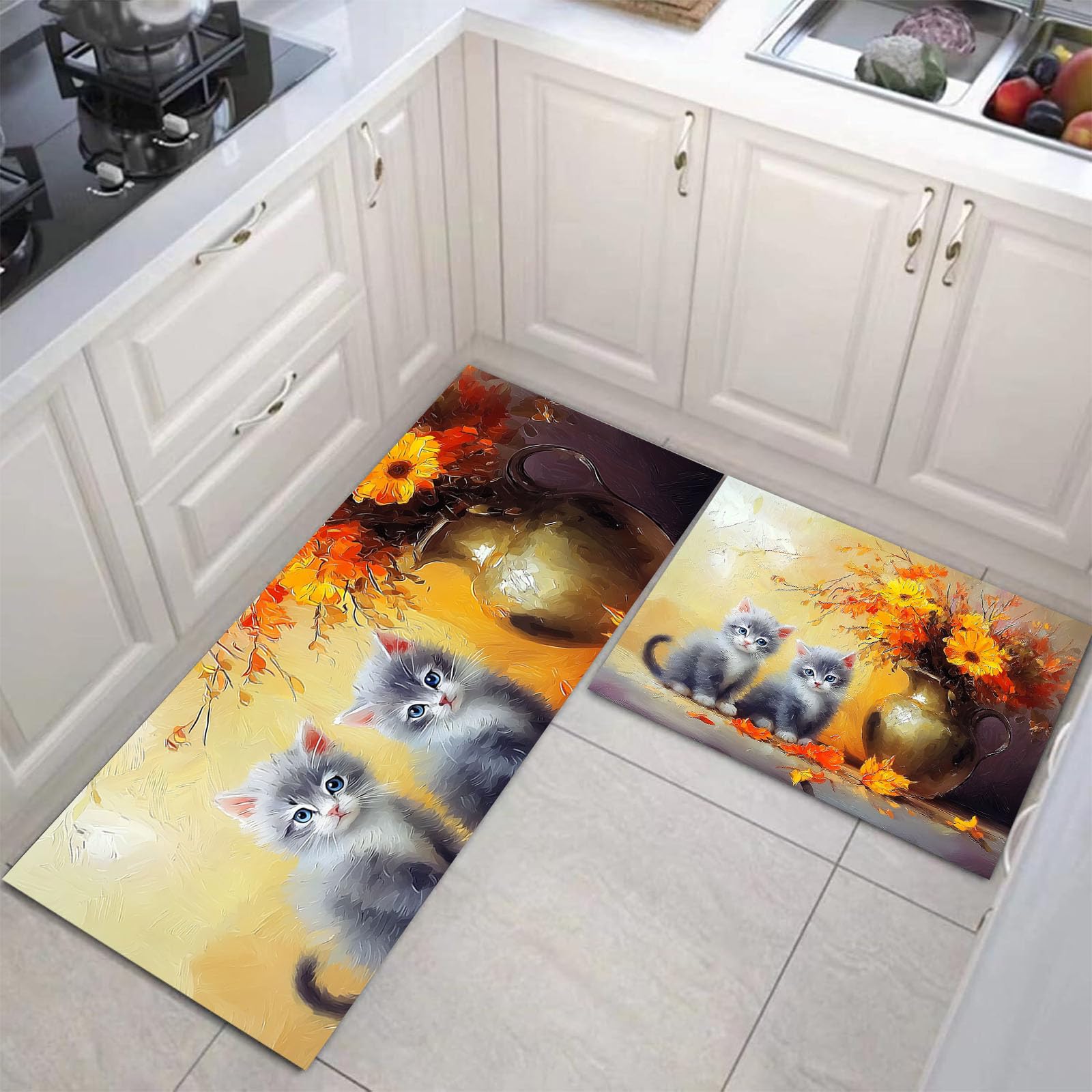 Alfombras de cocina JEDTAKCT de gato lindo y jarrón en naranja quemado, juego de 2 piezas lavables