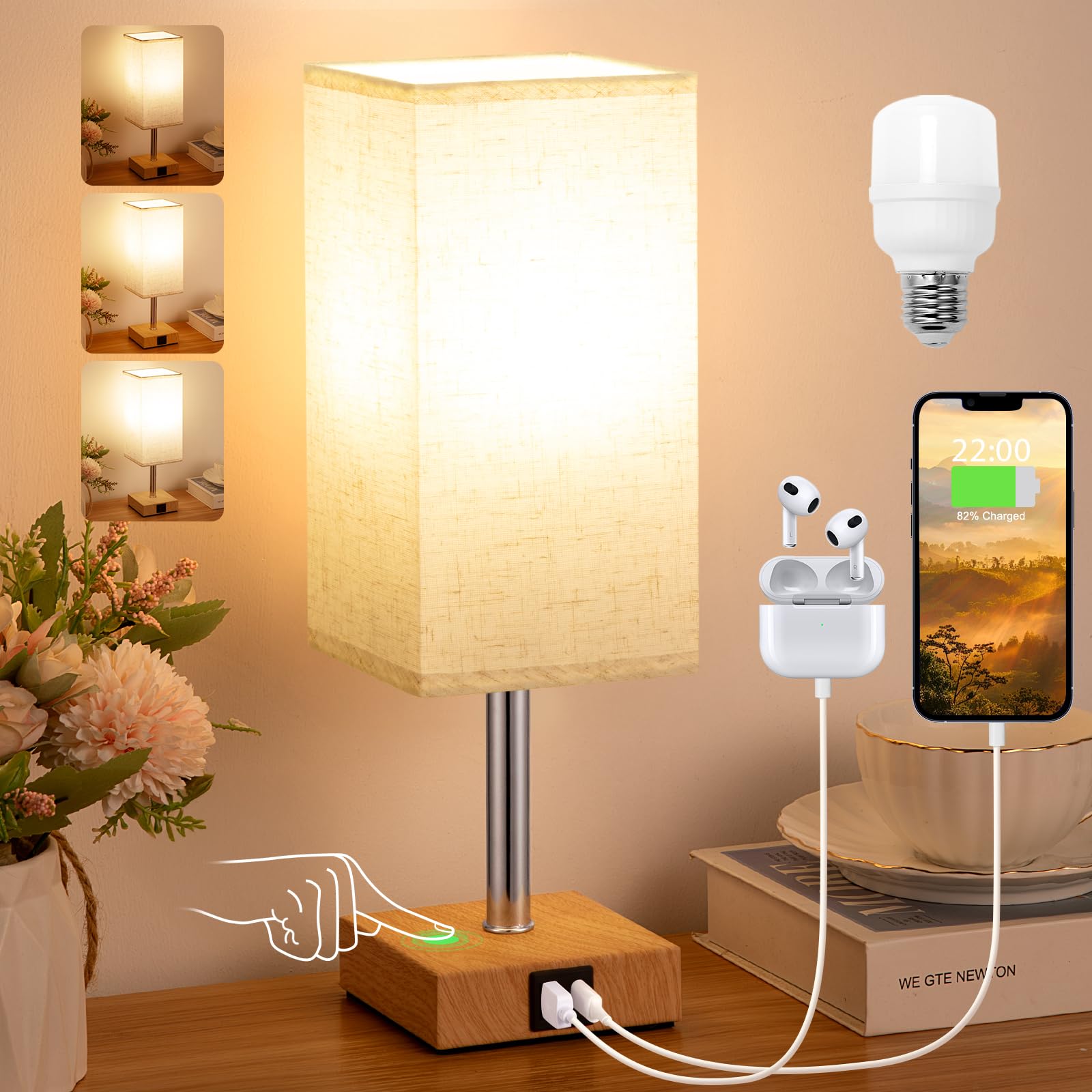 Aooshine Bedside Lamps, Table Lamp for Living Room Bedroom Touch Lamps Bedside with USB A+C Charging Ports