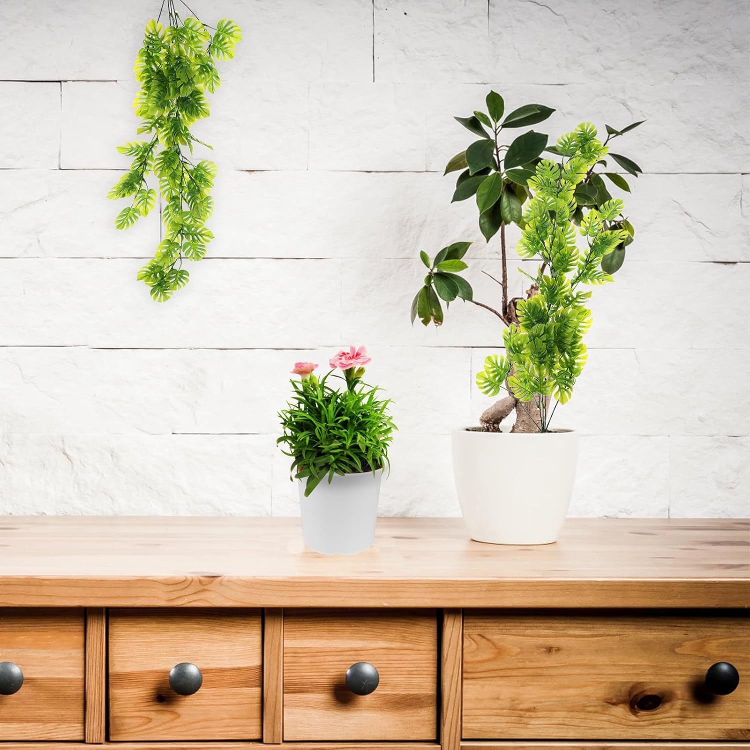Amosfun 2pcs Artificial Monstera Hanging Plants - Faux Greenery Wall Decor for Home, Office and Indoor Spaces, Jungle Leaves Aesthetic 30 Inch