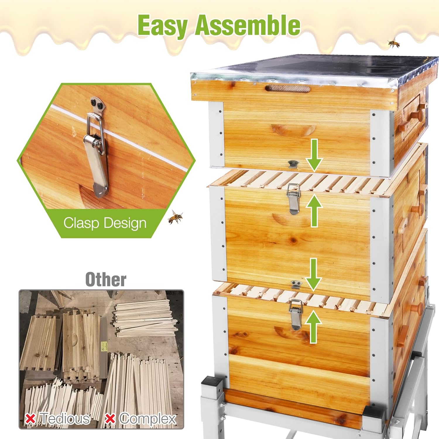 GUTINNEEN Bee Hive with Metal Frame and Stand, 10-Frame Langstroth Beehive Dipped in 100% Beeswax, Bee Hives Box Includes Wooden Frames & Waxed Foundations