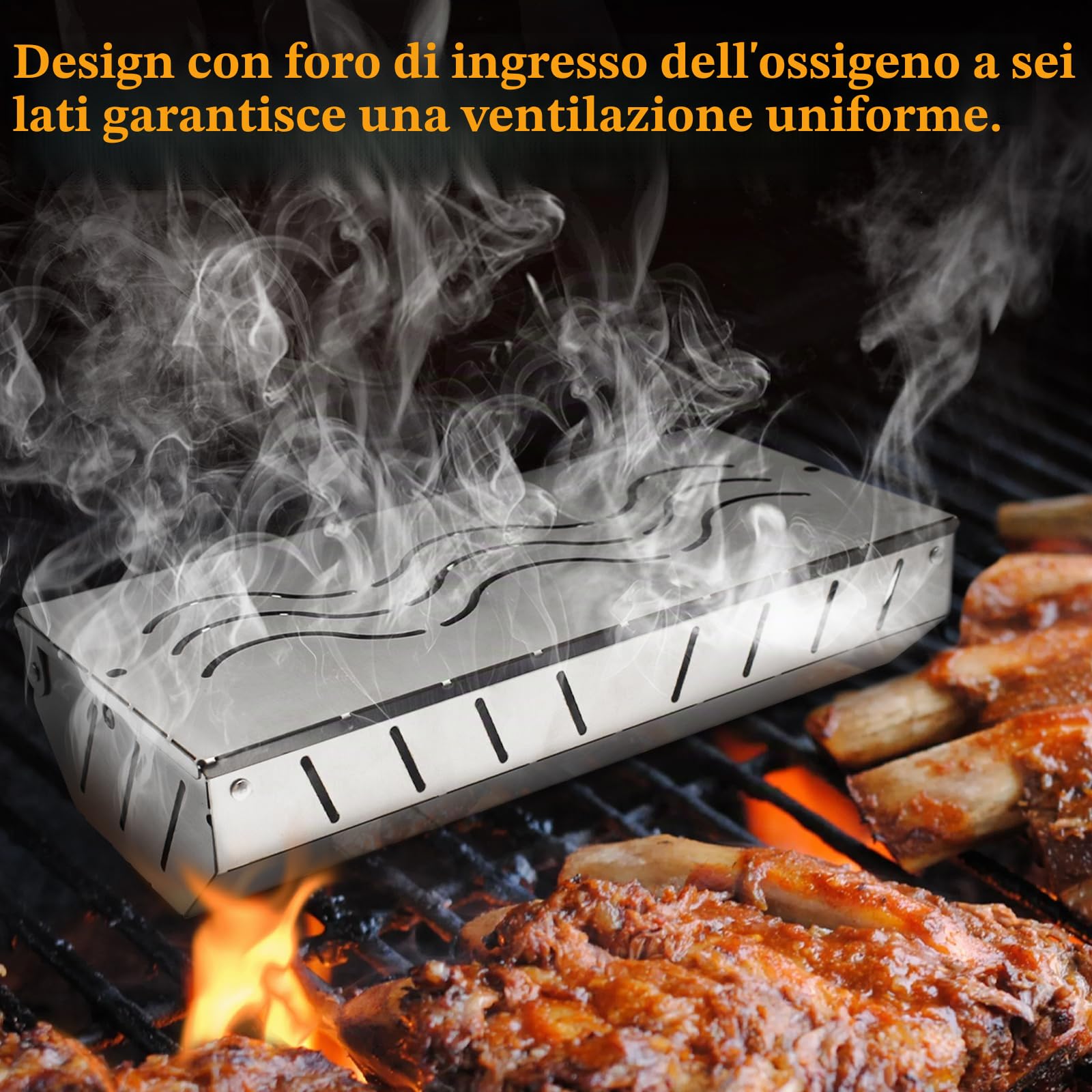 Affumicatore Box Bbq, Affumicatore di Grande Capacità con Presa di Ossigeno su 5 lati, Smoker Box in Acciaio Inox con 2 Ganci, BarbecueAffumicator Griglie a Gas Aumentare il Fumo