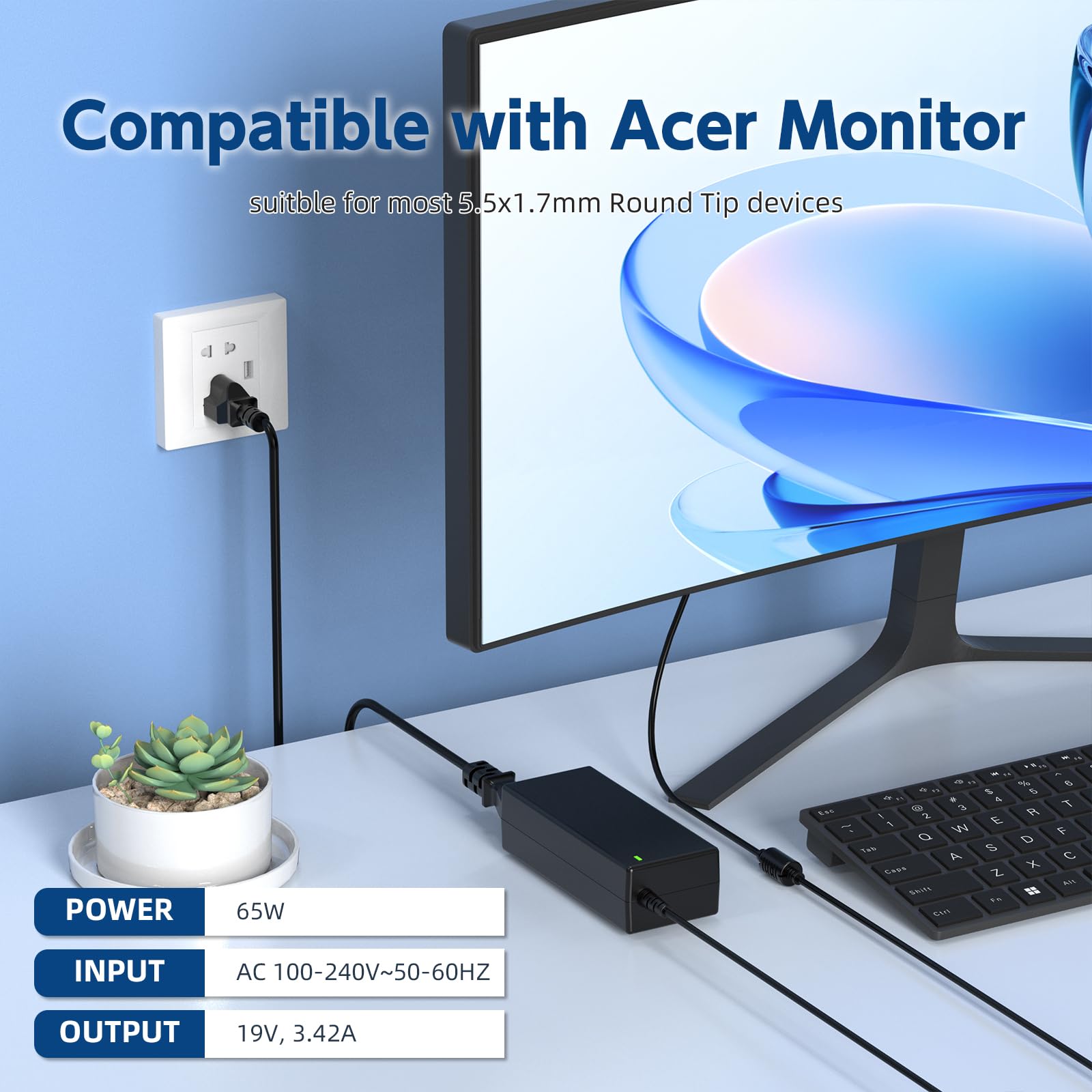 19V Power Cord for Acer Monitor S202HL SB220Q S230HL S240HL S220HQL S271HL S241HL SA230 S231HL R221Q H236HL H276HL R271 R240HY G246HL G276HL G236HL Power Supply Adapter