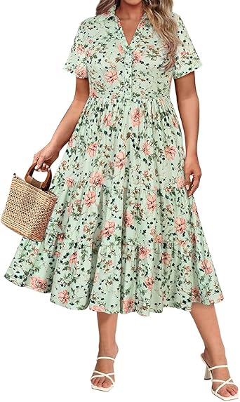 CARCOS Plus Size Dresses for Curvy Women Collared Vneck Short Sleeve Dresses Midi Summer Ruffle Dress with Pocket XL-5XL