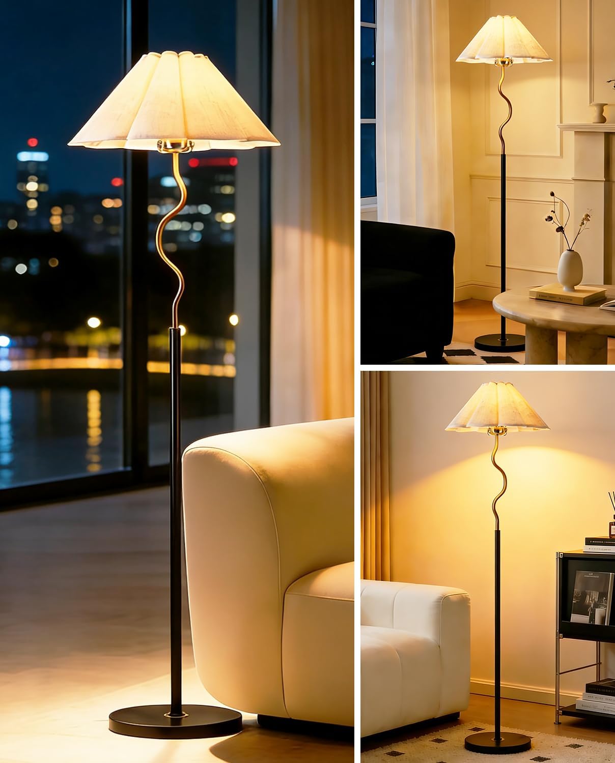 Gold Floor Lamp with Pleated Linen Lampshade, Modern Flower Floor Lamp for Living Room Arc Standing Lamp for Bedroom Office Dining Room