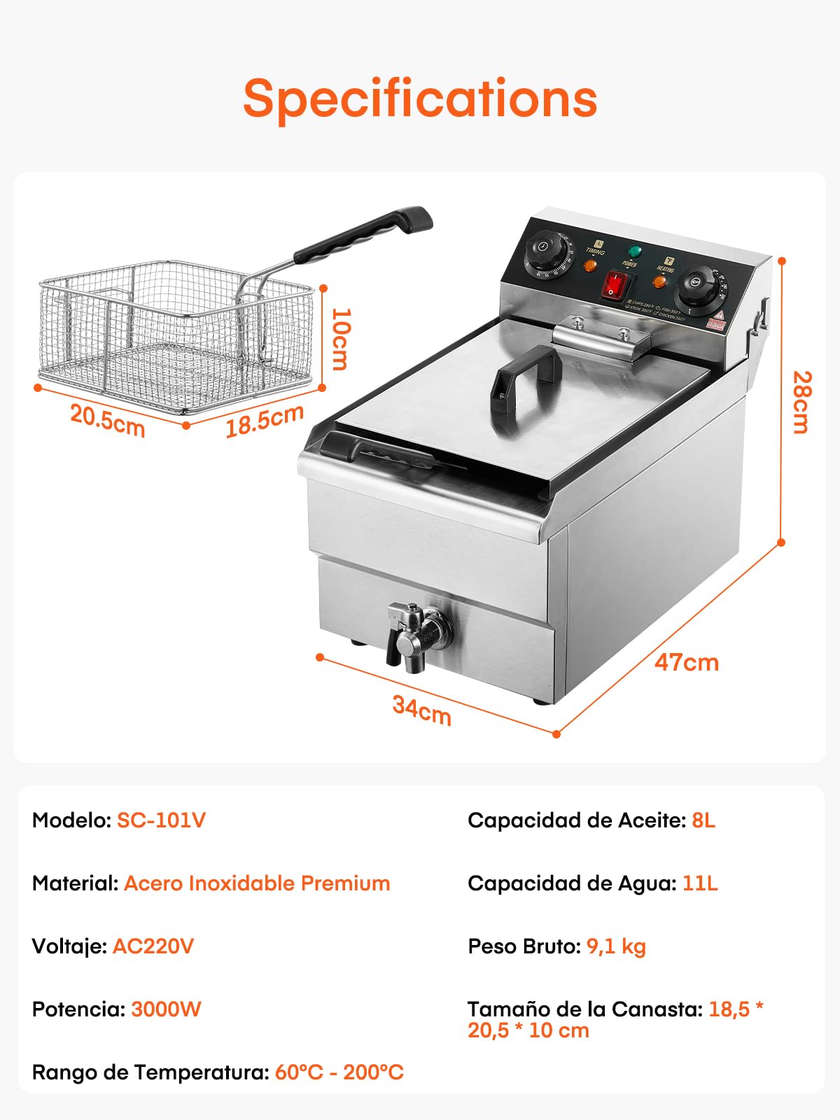 FOHERE 11L Elektrische Fritteuse mit Ölablass, 3000W Profi-Fritteuse mit Korb und Deckel, 60-Minuten-Timer, Temperaturregelung 60-200°C, ideal für Restaurant und private Küche