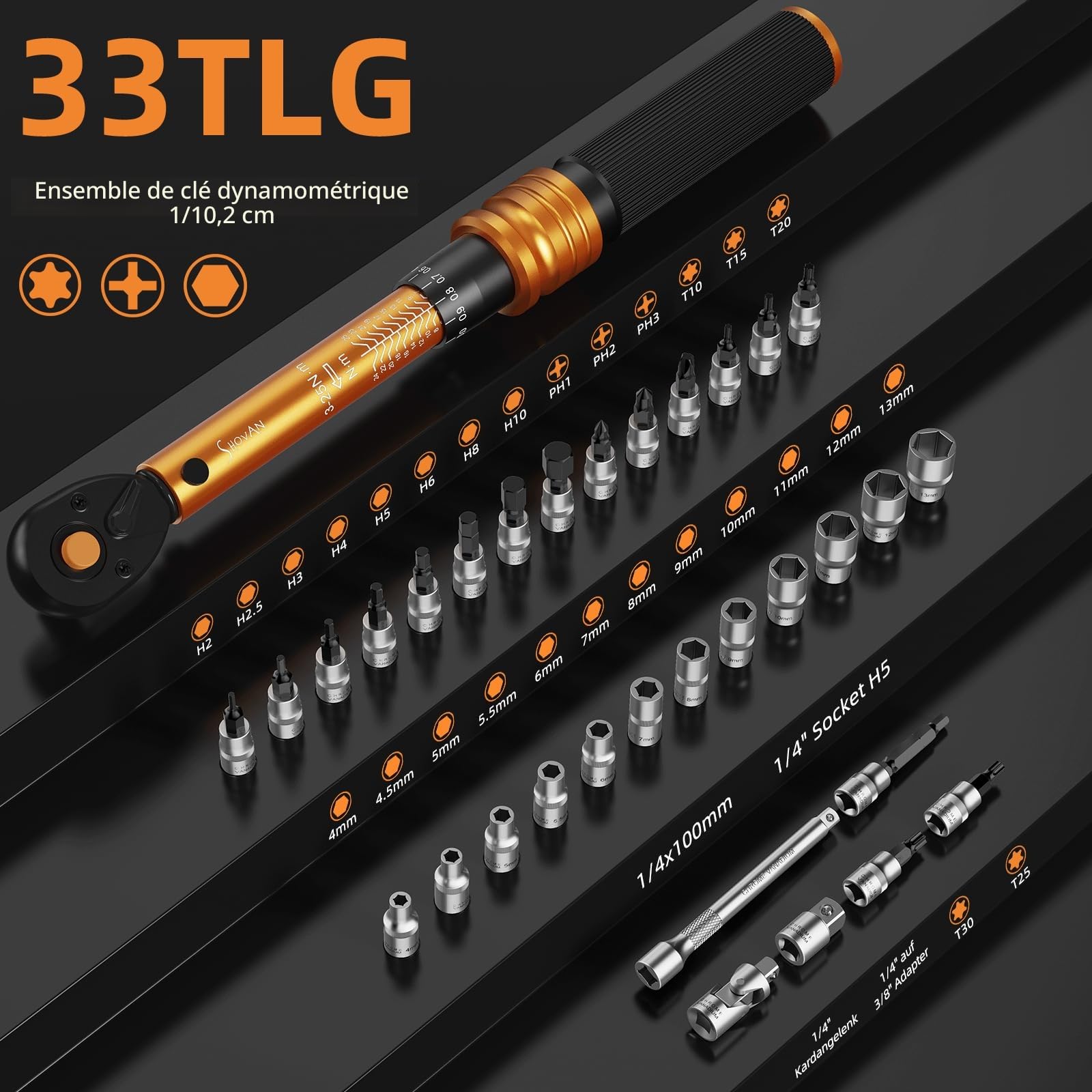 33 Pièces Clé Dynamométrique 1/4", 3-25Nm Cle Dynamométrique Velo, Précision ±3%, Kit D'entretien avec Douilles Hex, Barre D'extension, Bits Adaptateur, pour Moto y vélo Route et de Montagne