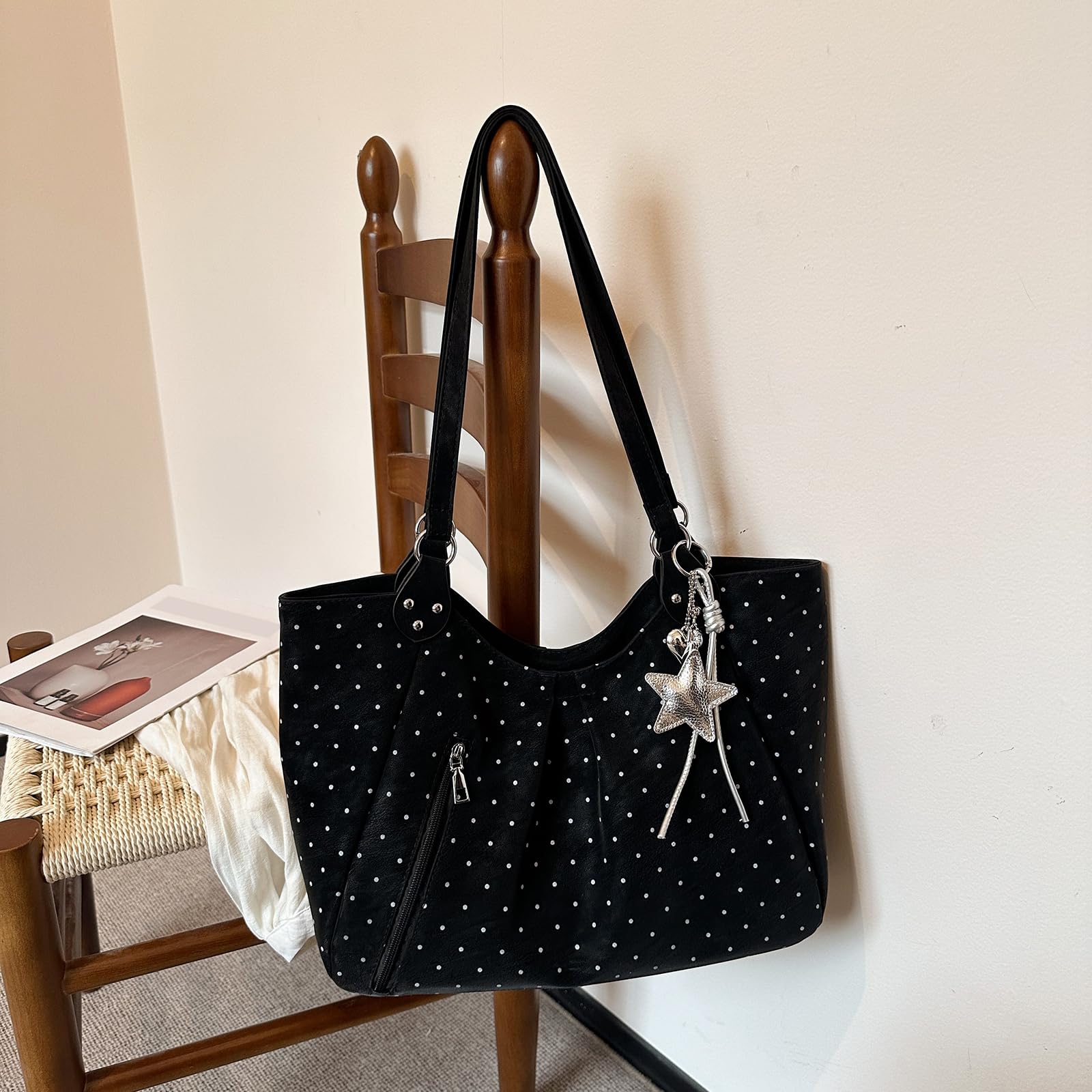 Bolso de mano de piel sintética con lunares con colgante estrella, bolso bandolera espacioso estilo para diario y trabajo