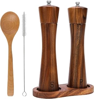 Salz und Pfeffermühlen Set mit Untersetzer, 2er set Holz Pfeffer und Salzmühle Set-Hochleistungs Keramikmahlwerk, Brau, 8Inch