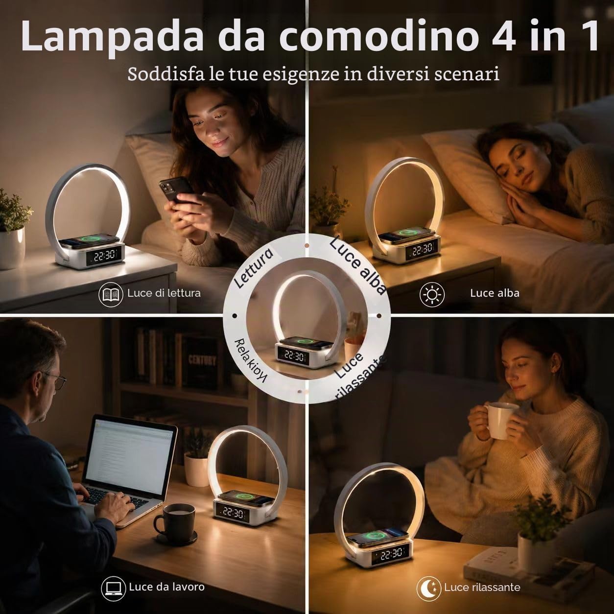 Lampada da comodino con Caricabatterie Wireless veloce,10 W Lampada da Tavolo a Led con Touch dimmerabile Sveglia, orologi con 3 Livelli Di Luminosità per camera da letto/studio