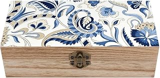 Blue Print Wooden Keepsake Box Wood Storage Memory Box | Decorative Storage Box with Hinged Lid for Photos, Letters, Jewelry, Crafts, Wedding, Everyday Organization, Pet Memorials