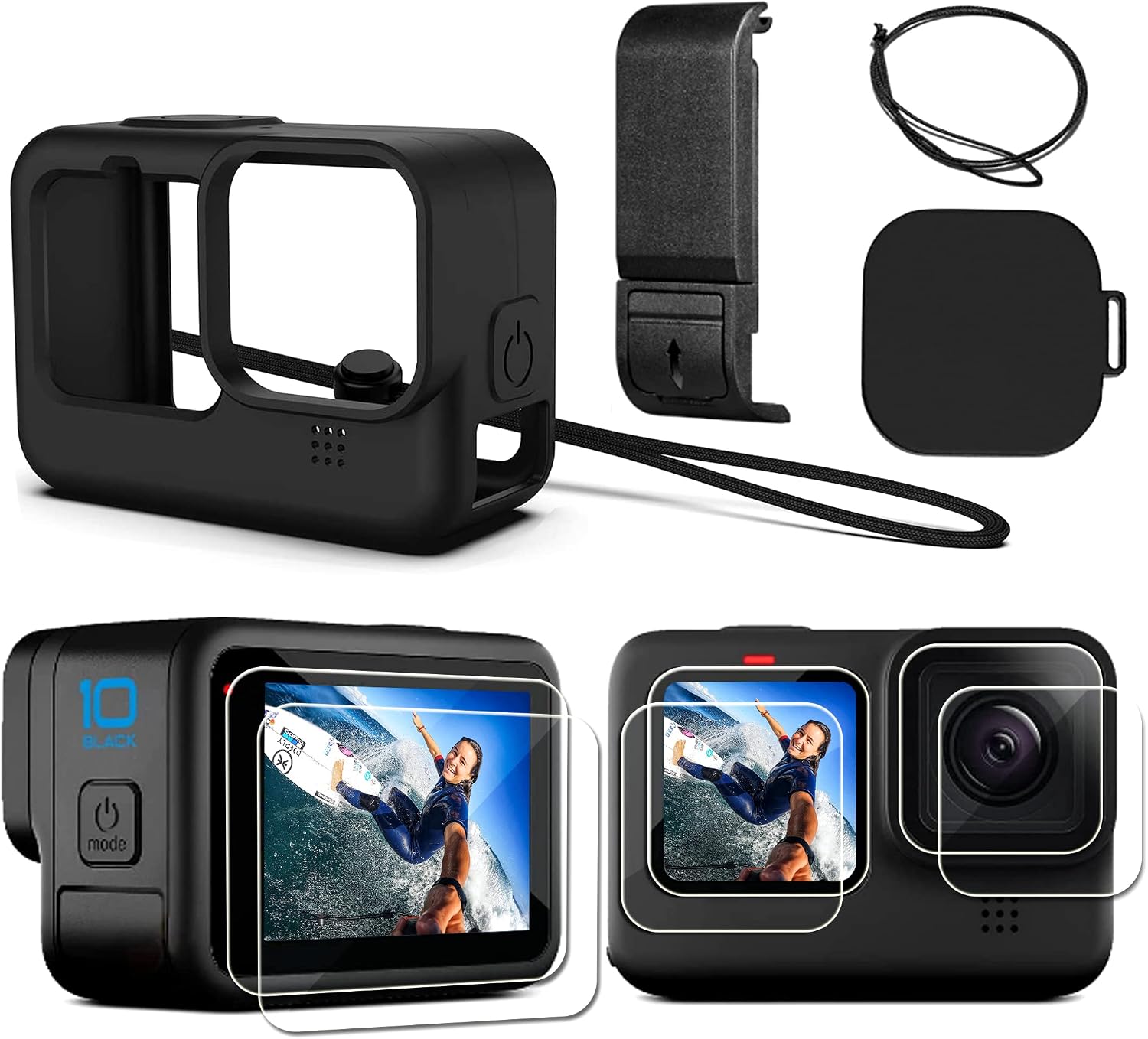 PCTC Hero 12 Silicone Sleeve Protective Case + 6 Pack Tempered Glass Screen Protector for Hero 12/11/10/9, Accessories Kit for GoPro Hero 12/11/10/9 Black（Battery Side Cover & Lens Caps & Lanyard）